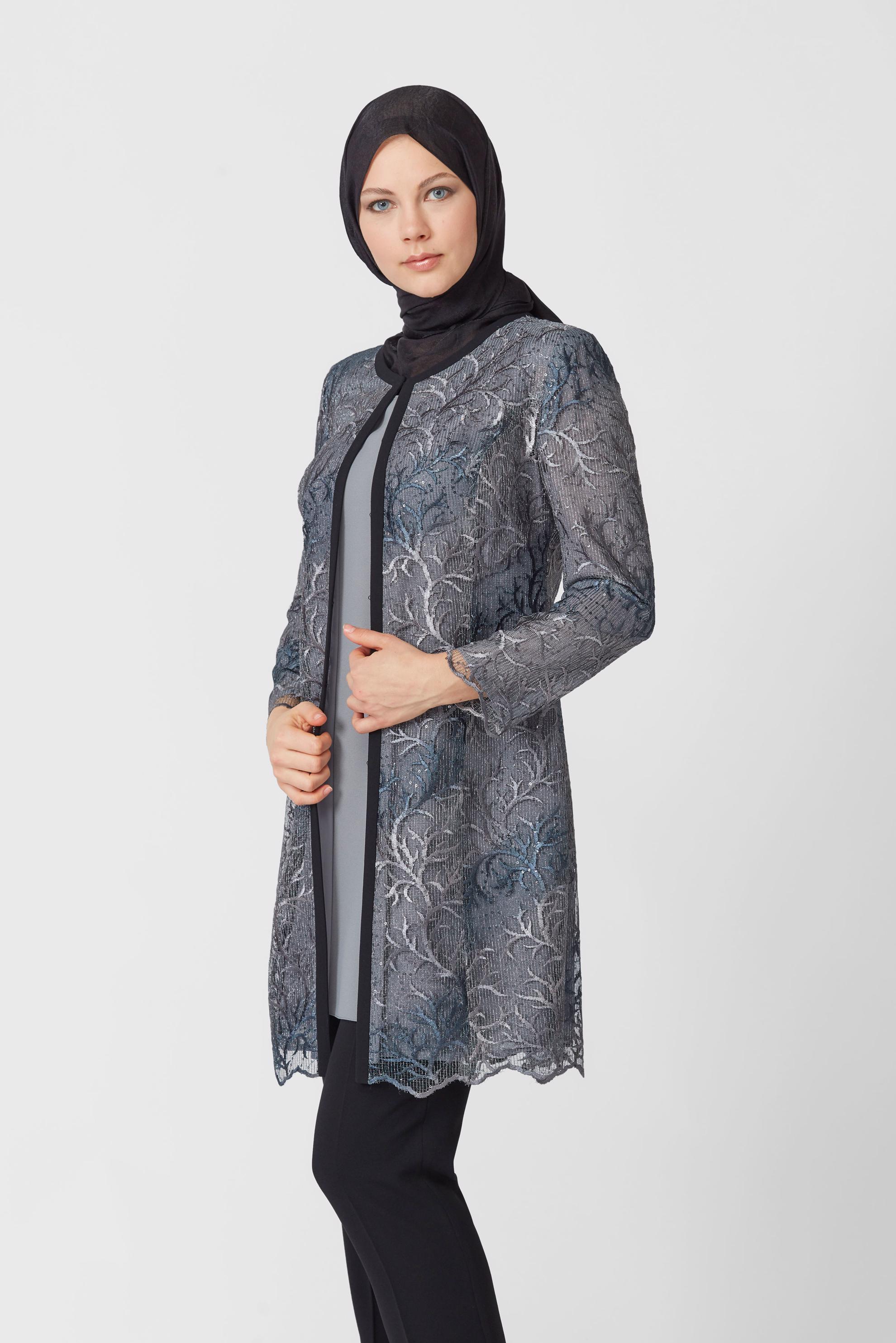 Tesettür giyim GRİ DANTEL DETAYLI ÜÇLÜ PANT.TAKIM 30101 