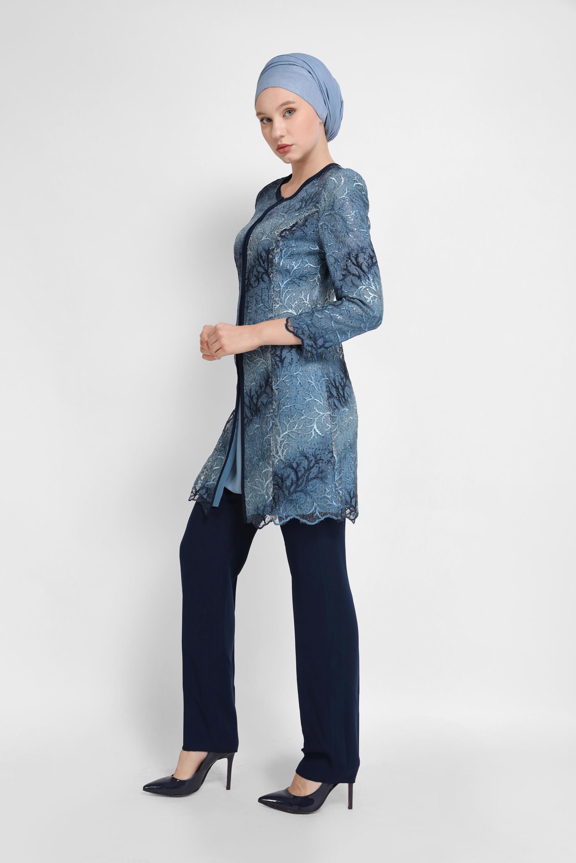 Tesettür giyim LACİVERT DANTEL DETAYLI ÜÇLÜ PANT.TAKIM 30101 