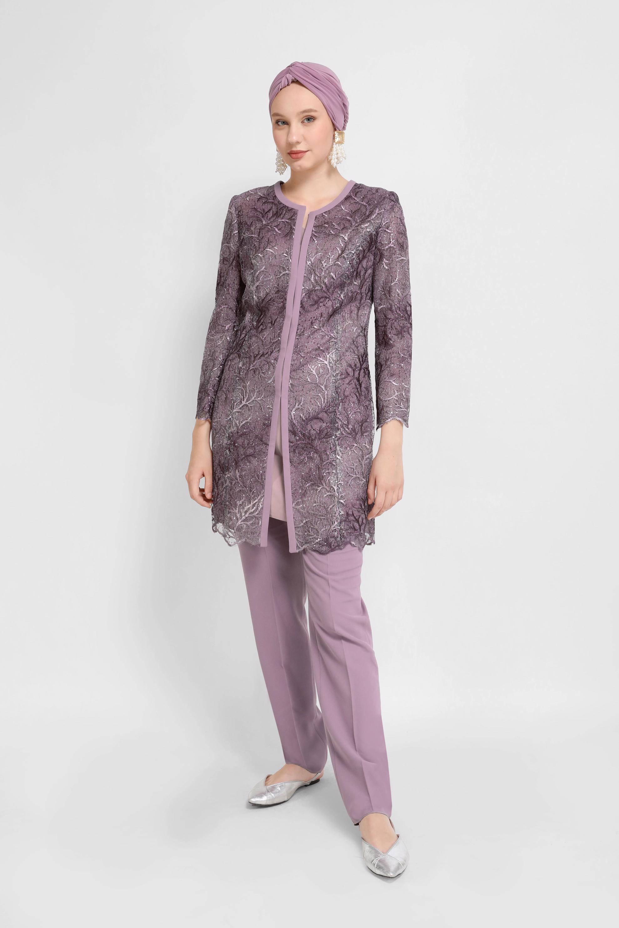 Tesettür giyim PUDRA DANTEL DETAYLI ÜÇLÜ PANT.TAKIM 30101 