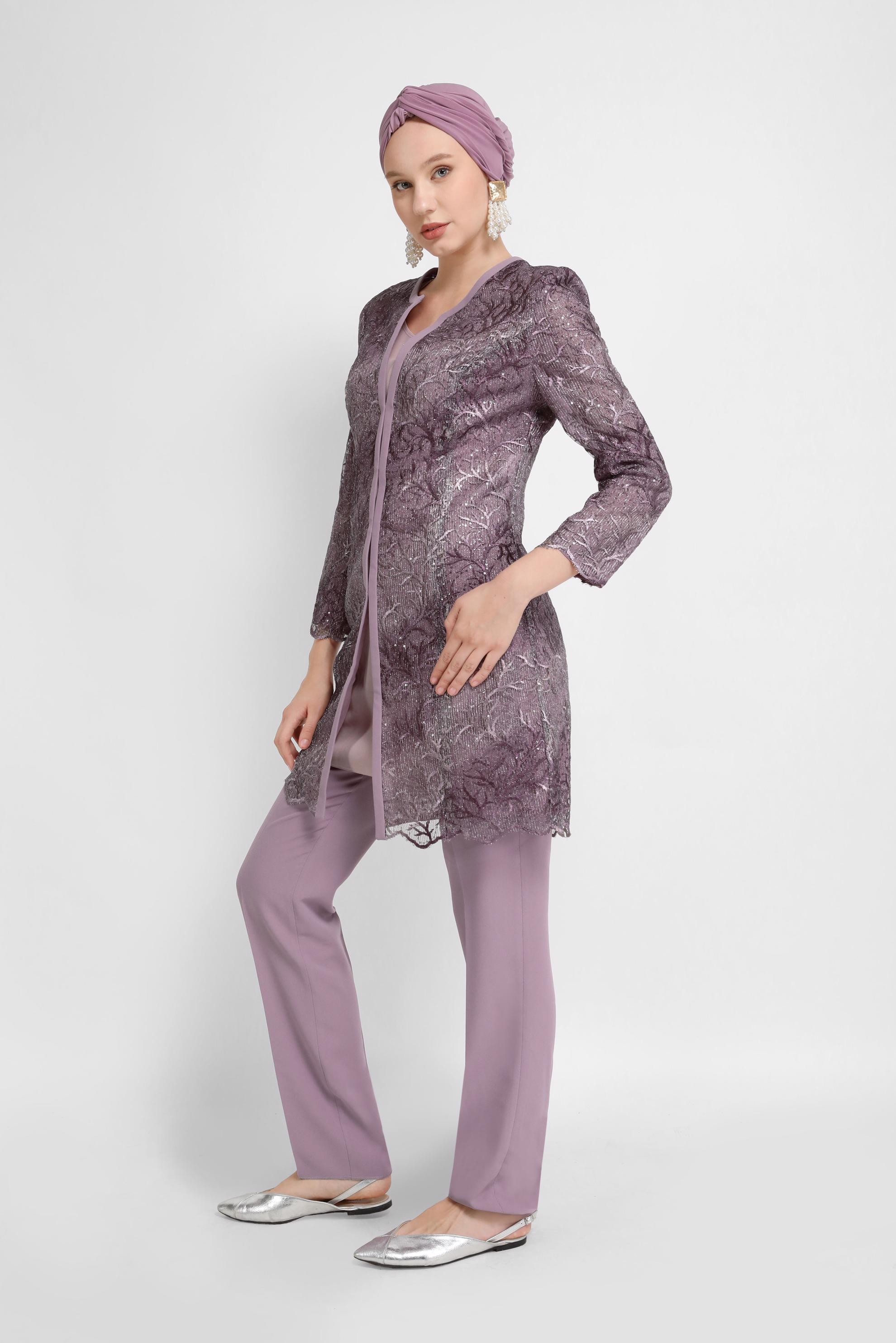 Tesettür giyim PUDRA DANTEL DETAYLI ÜÇLÜ PANT.TAKIM 30101 