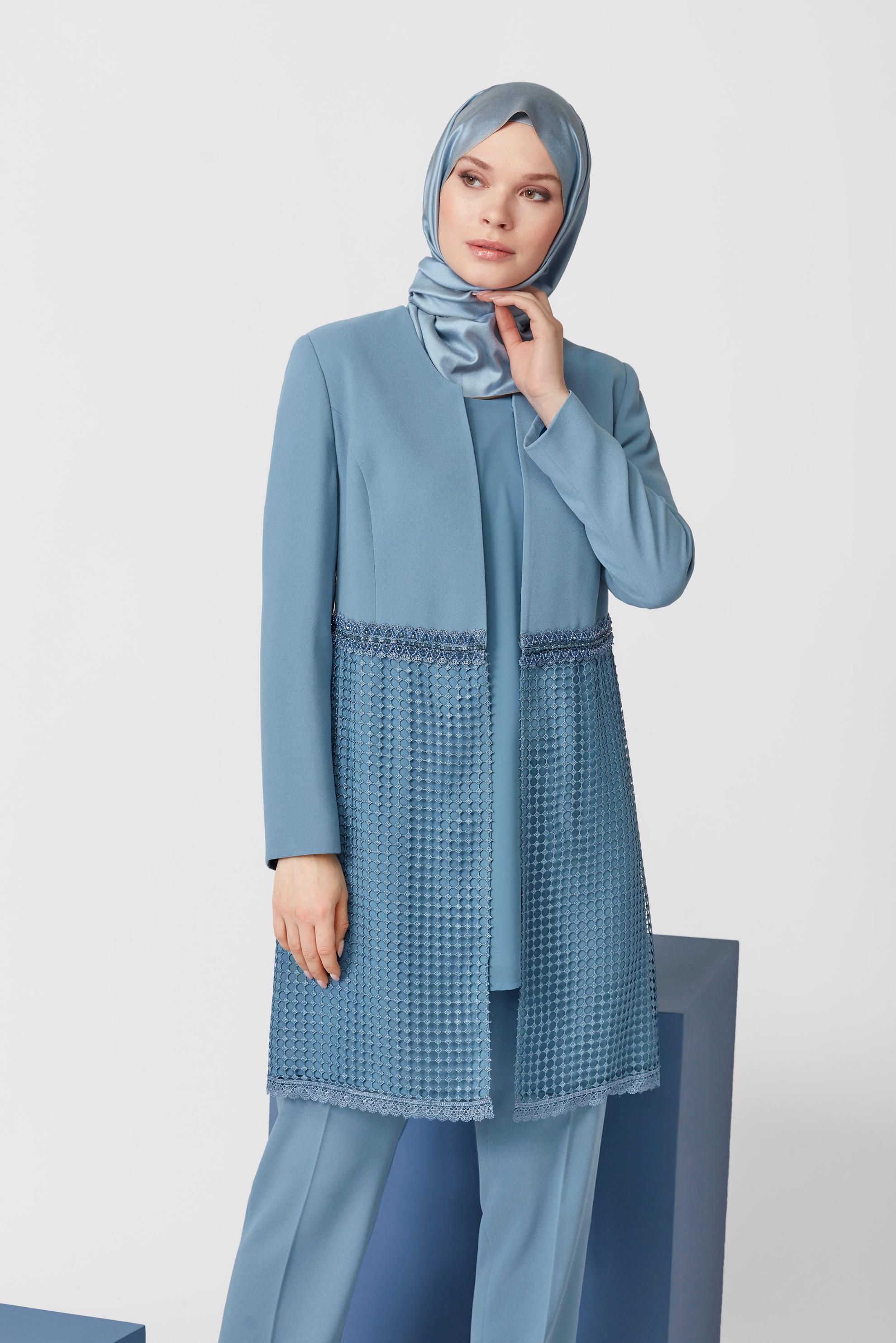 Tesettür giyim MAVİ DANTEL DETAYLI ÜÇLÜ PANTOLONLU TAKIM 30108