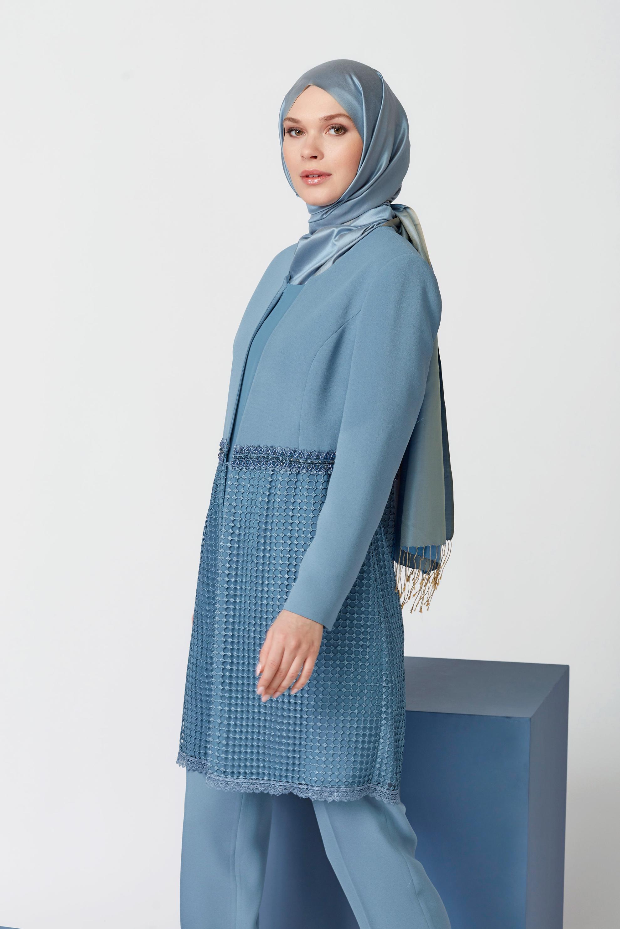 Tesettür giyim MAVİ DANTEL DETAYLI ÜÇLÜ PANTOLONLU TAKIM 30108