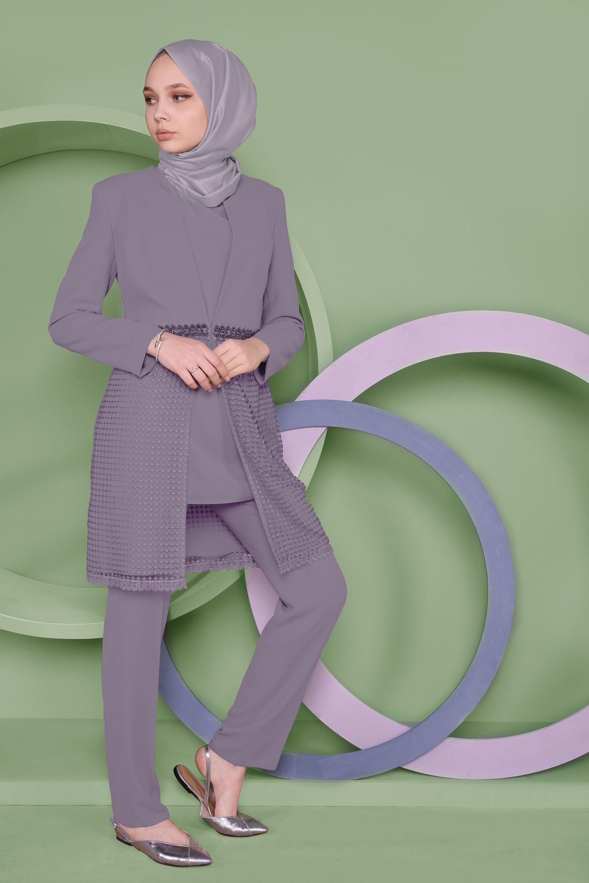 Tesettür giyim PEMBE DANTEL DETAYLI ÜÇLÜ PANTOLONLU TAKIM 30108