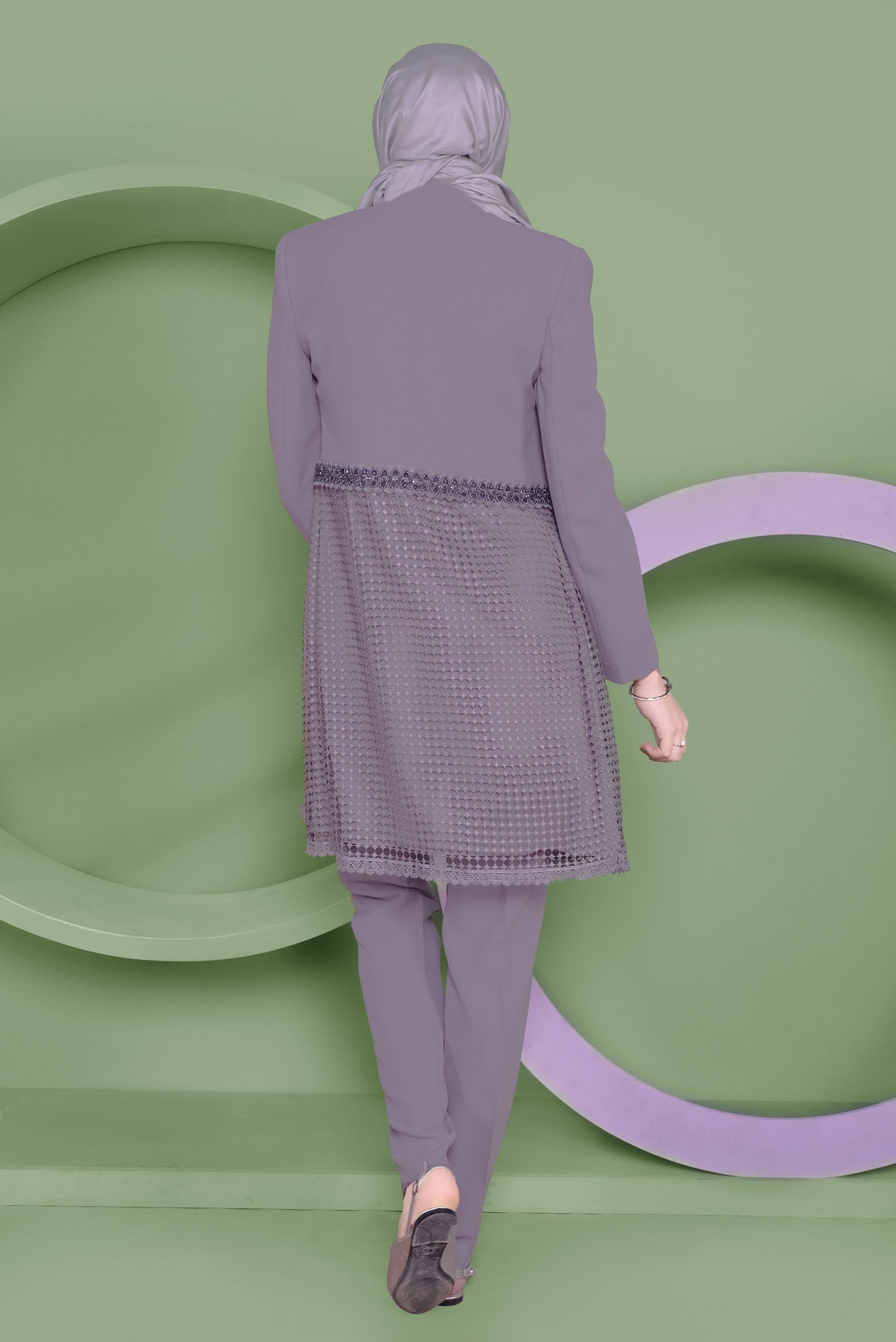 Tesettür giyim PEMBE DANTEL DETAYLI ÜÇLÜ PANTOLONLU TAKIM 30108