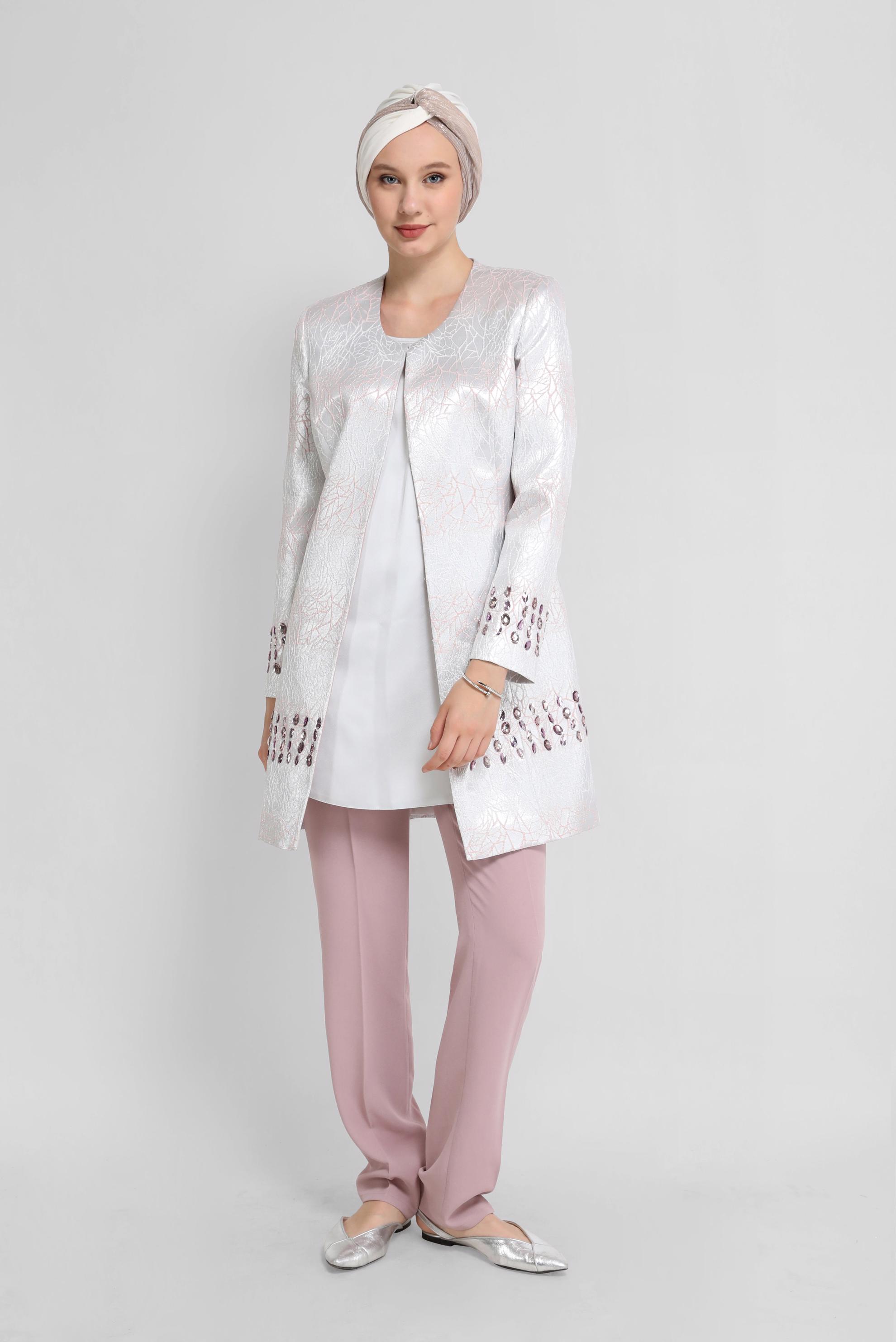 Tesettür giyim PUDRA TAŞ DETAYLI ÜÇLÜ PANT. TAKIM 30112 