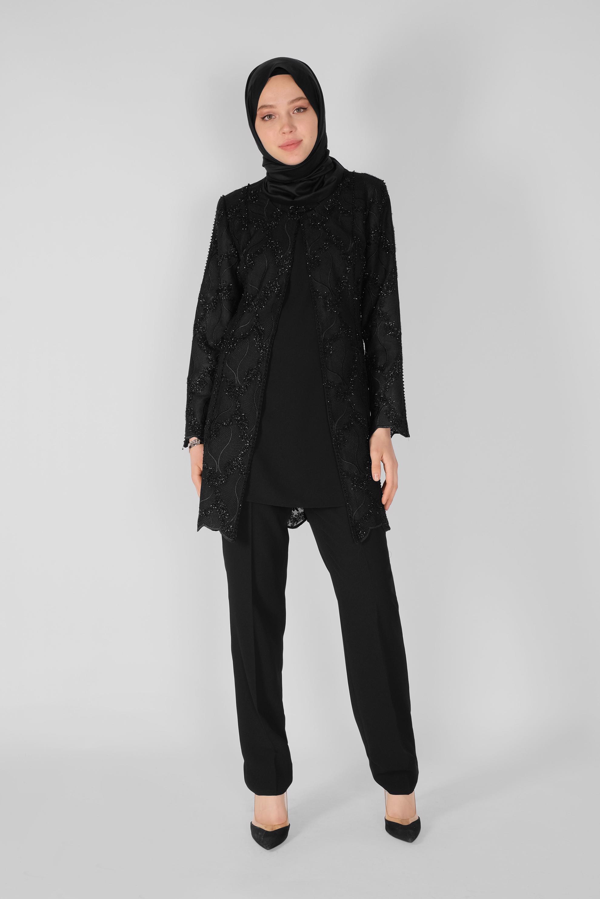 Tesettür giyim SİYAH NAKIŞLI ÜÇLÜ PANTOLONLU TAKIM 30114 