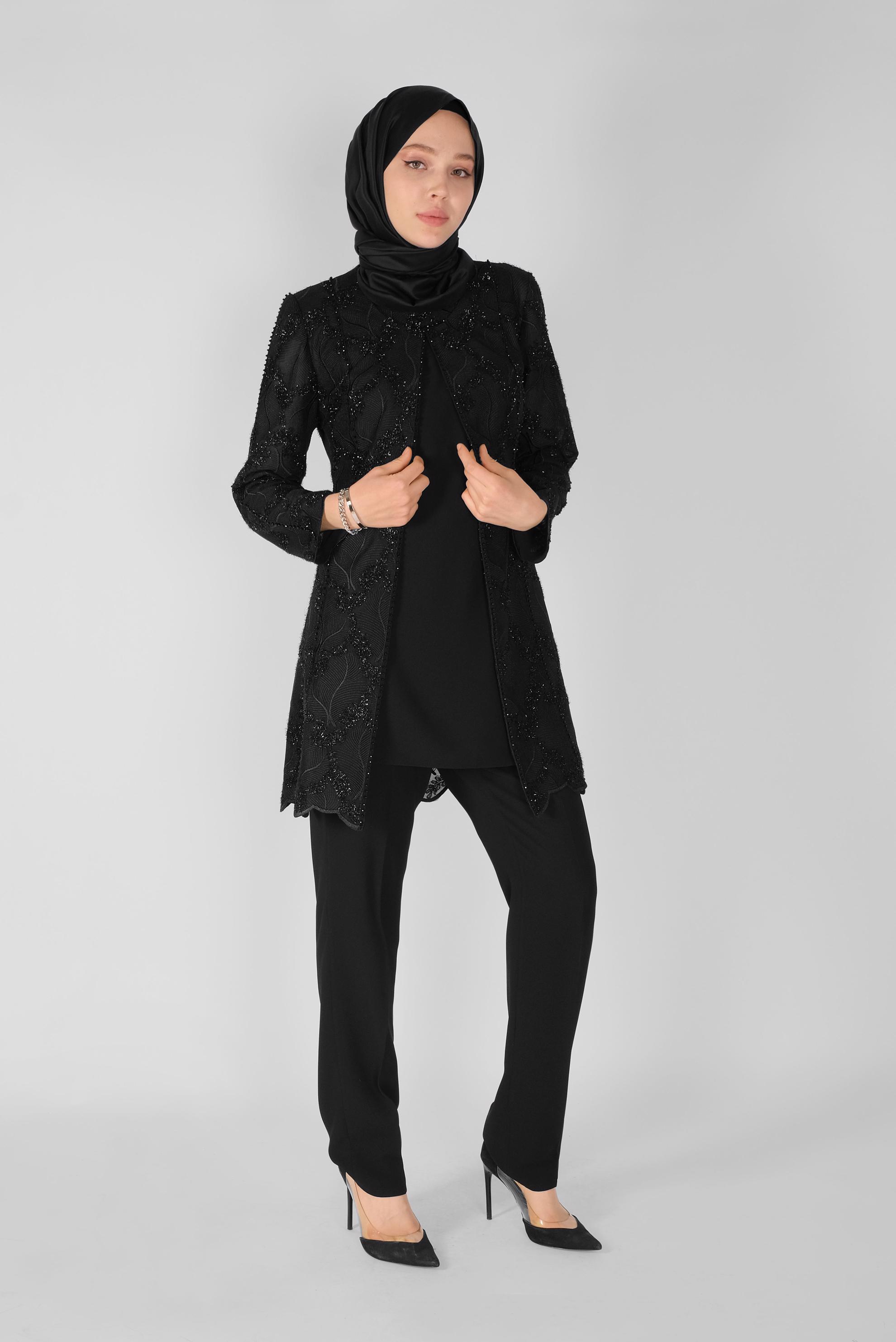Tesettür giyim SİYAH NAKIŞLI ÜÇLÜ PANTOLONLU TAKIM 30114 