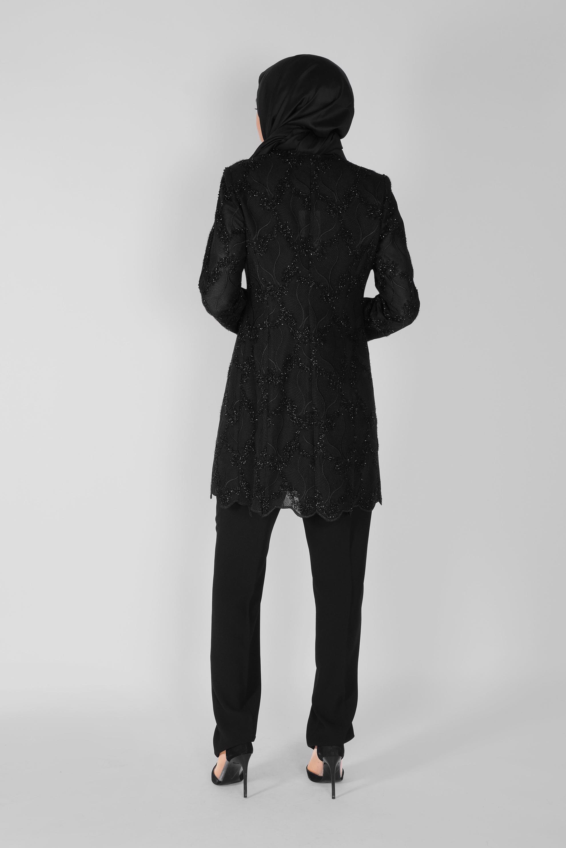 Tesettür giyim SİYAH NAKIŞLI ÜÇLÜ PANTOLONLU TAKIM 30114 