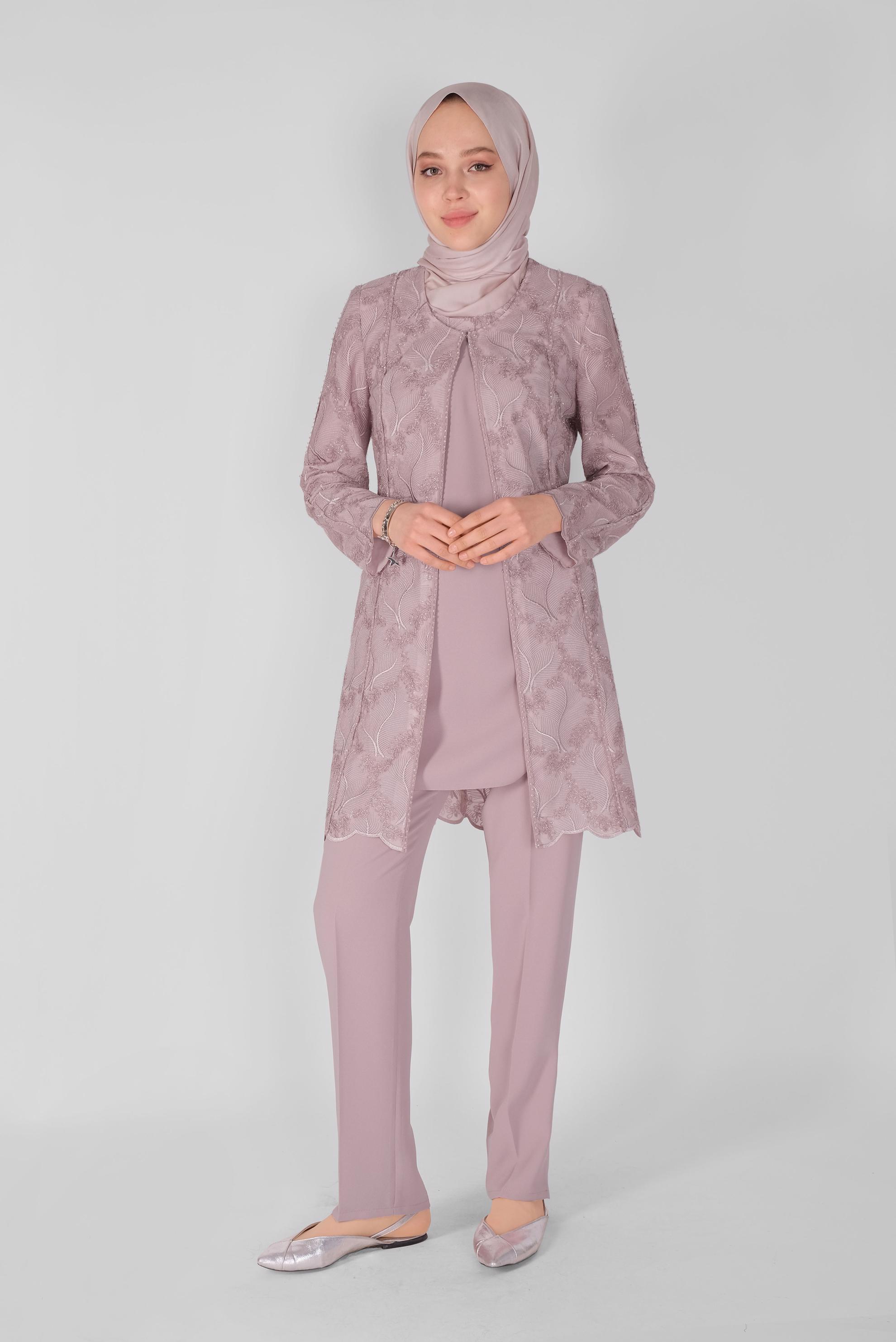 Tesettür giyim PUDRA NAKIŞLI ÜÇLÜ PANTOLONLU TAKIM 30114 