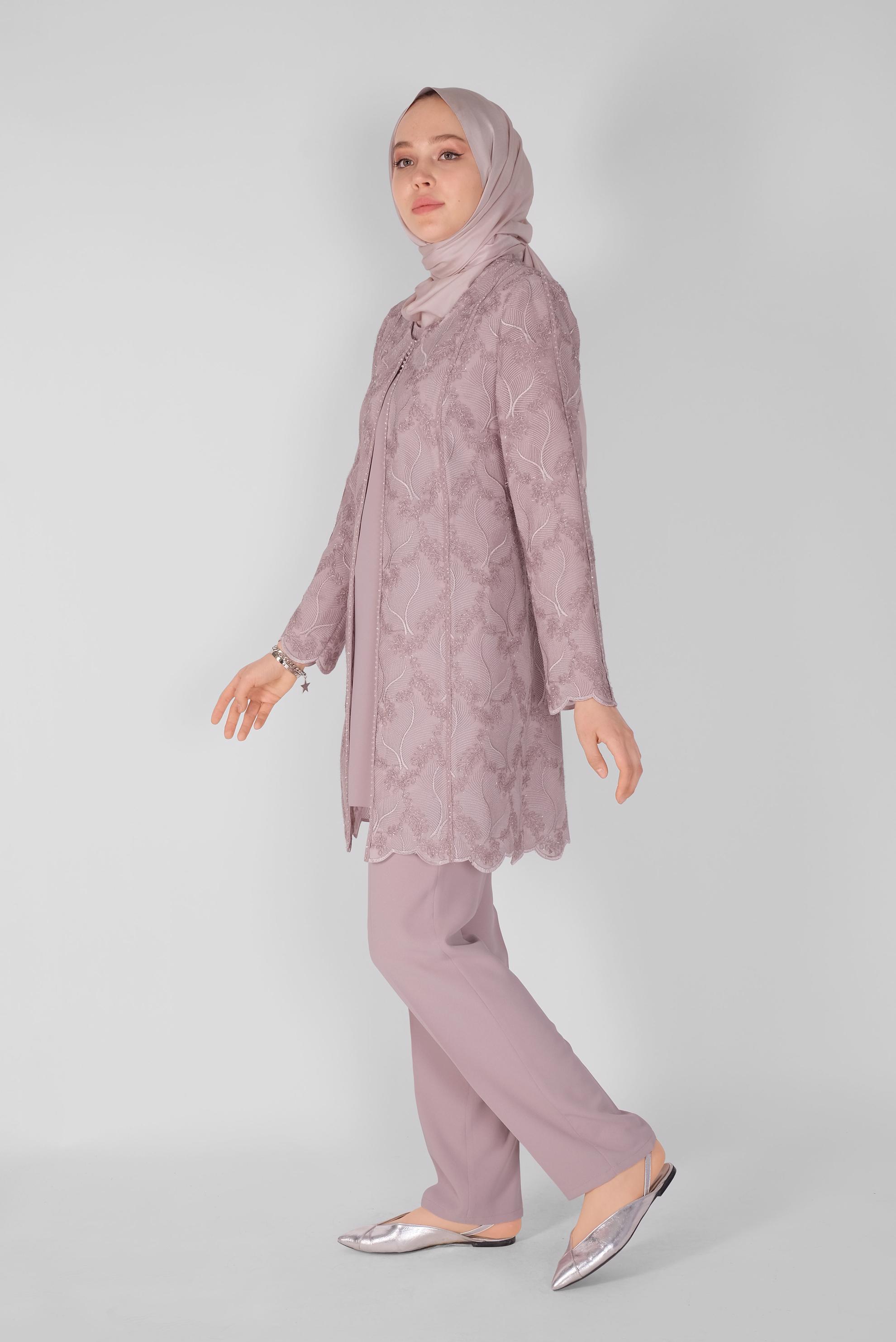 Tesettür giyim PUDRA NAKIŞLI ÜÇLÜ PANTOLONLU TAKIM 30114 