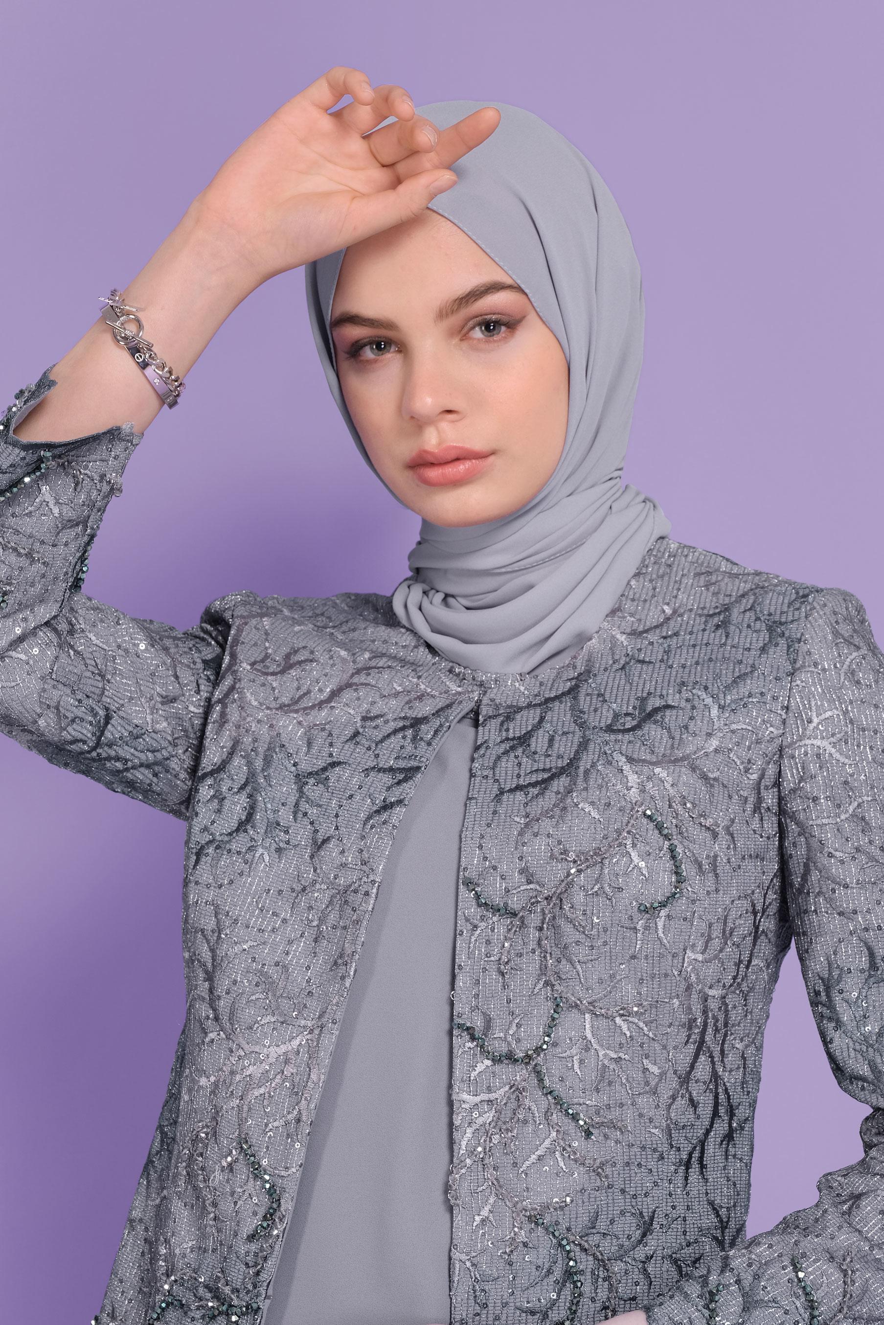 Tesettür giyim GRİ NAKIŞLI PULPAYET ÜÇLÜ PANTOLONLU TAKIM  30117 