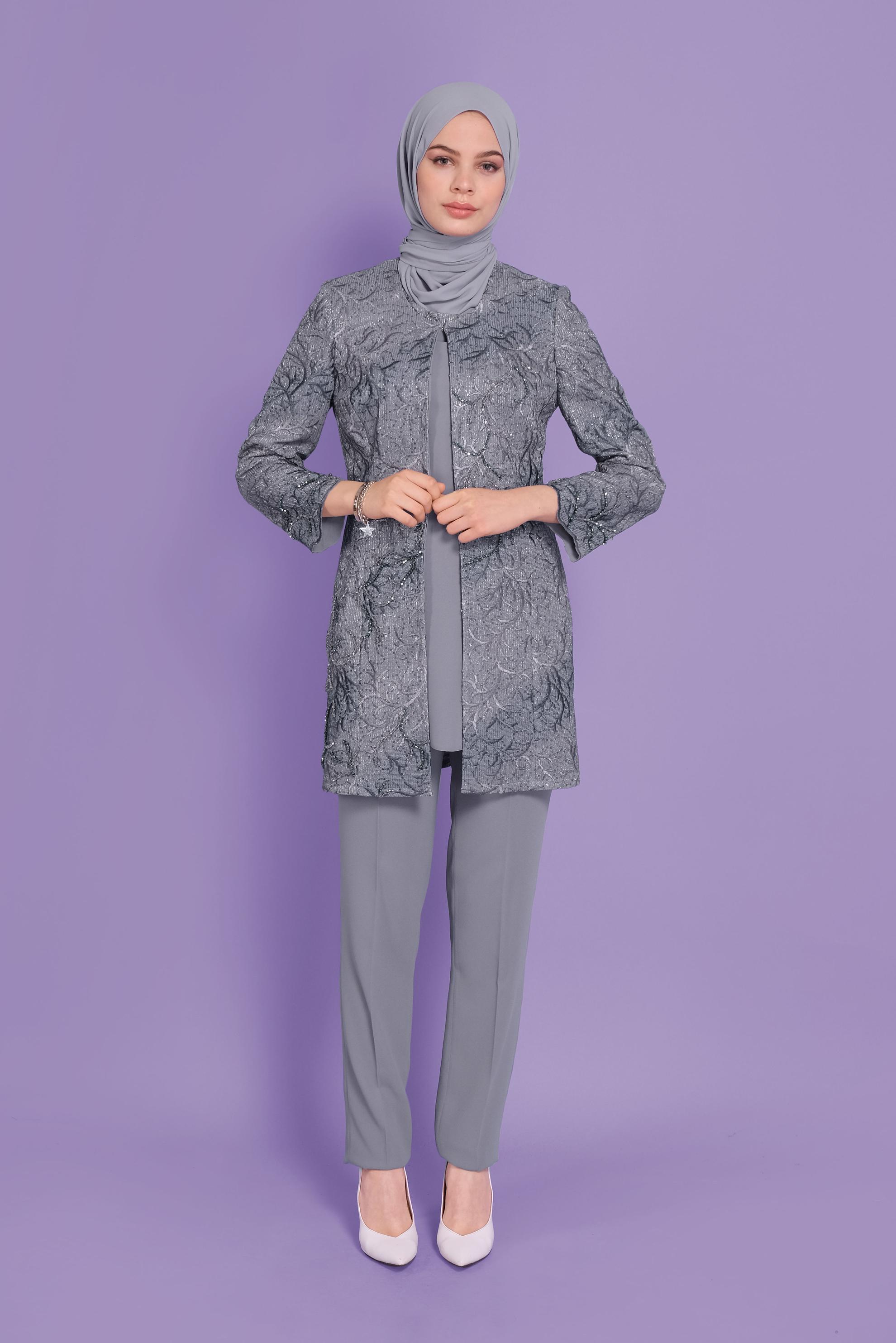 Tesettür giyim GRİ NAKIŞLI PULPAYET ÜÇLÜ PANTOLONLU TAKIM  30117 