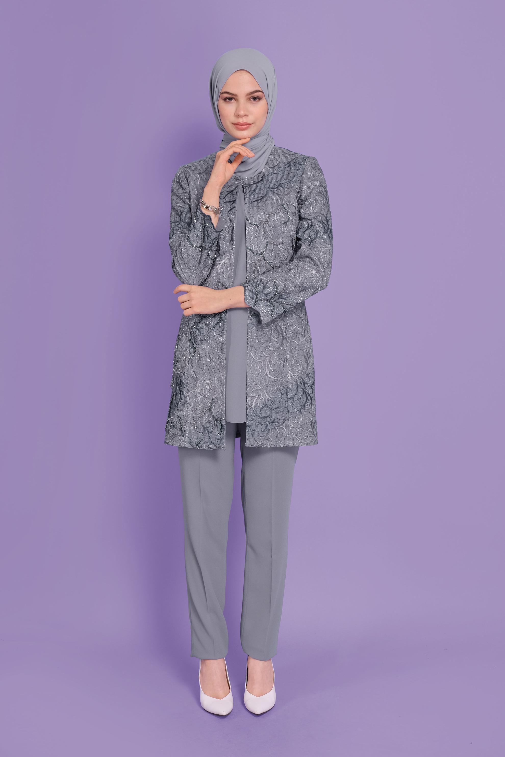 Tesettür giyim GRİ NAKIŞLI PULPAYET ÜÇLÜ PANTOLONLU TAKIM  30117 