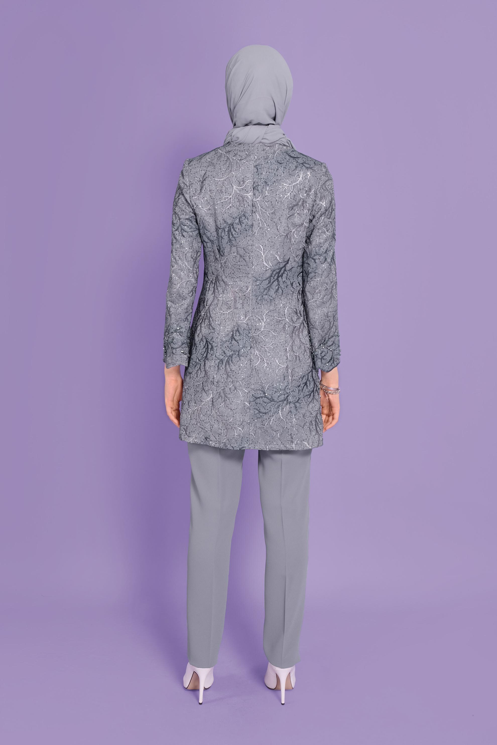 Tesettür giyim GRİ NAKIŞLI PULPAYET ÜÇLÜ PANTOLONLU TAKIM  30117 