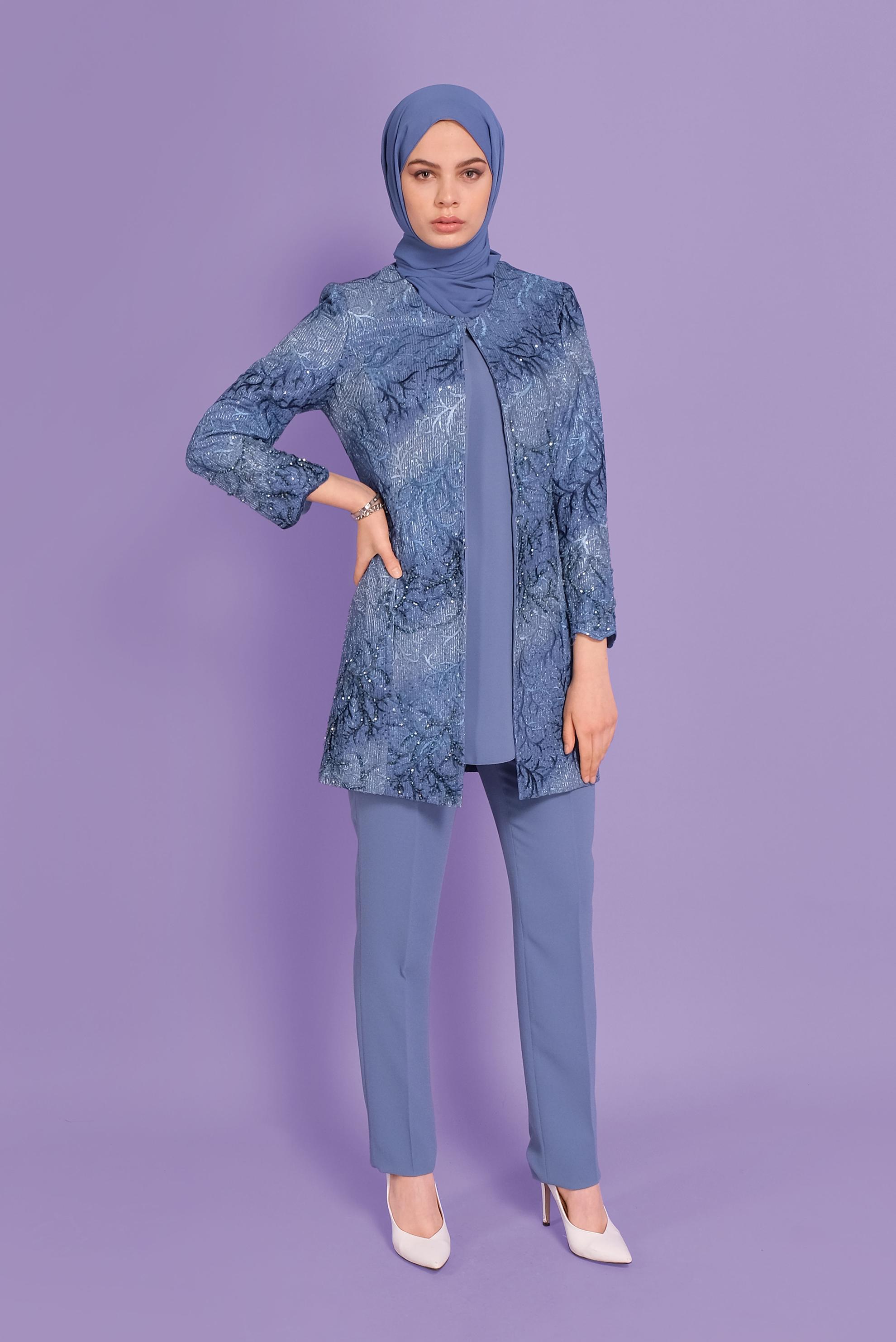 Tesettür giyim LACİVERT NAKIŞLI PULPAYET ÜÇLÜ PANTOLONLU TAKIM  30117 