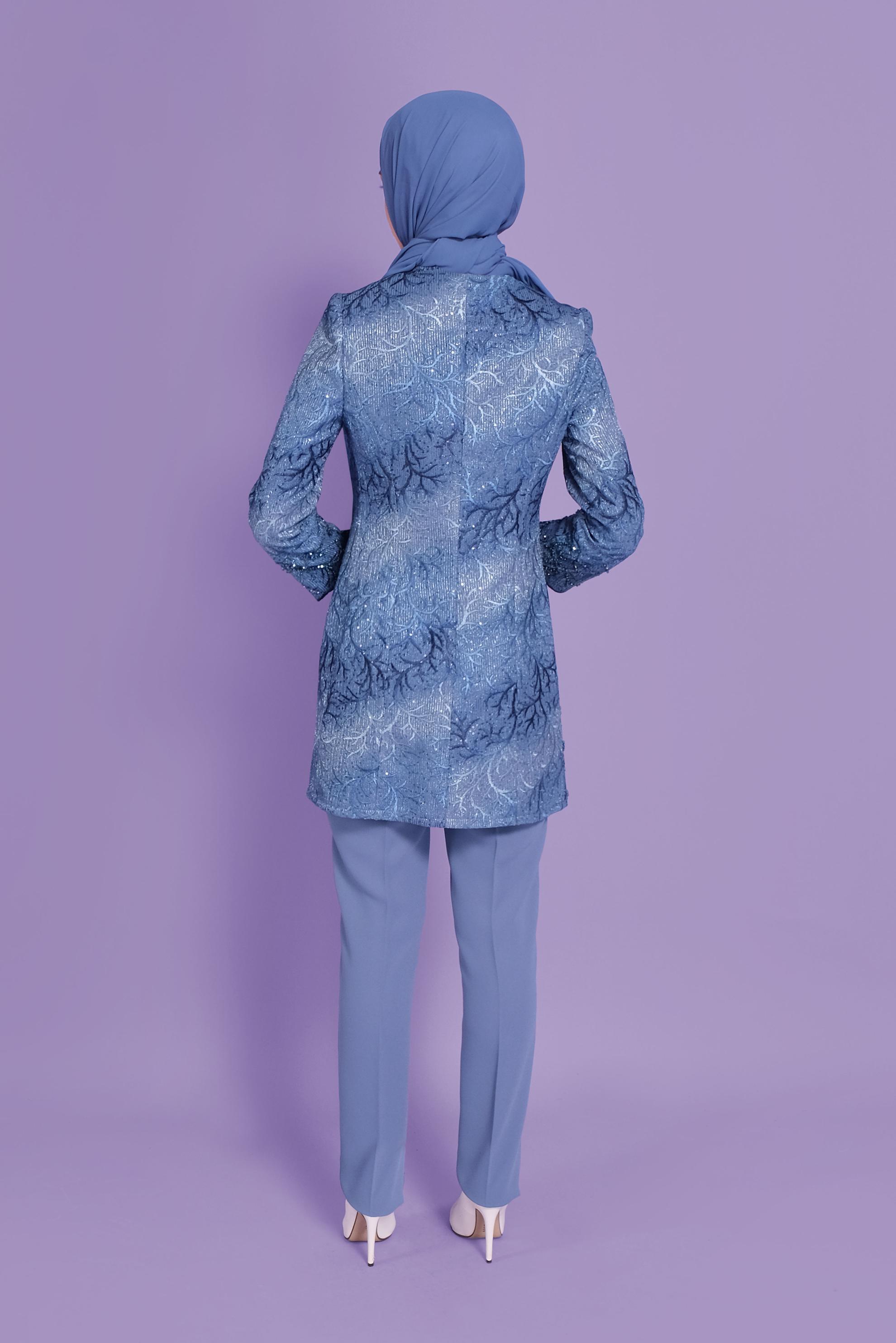 Tesettür giyim LACİVERT NAKIŞLI PULPAYET ÜÇLÜ PANTOLONLU TAKIM  30117 