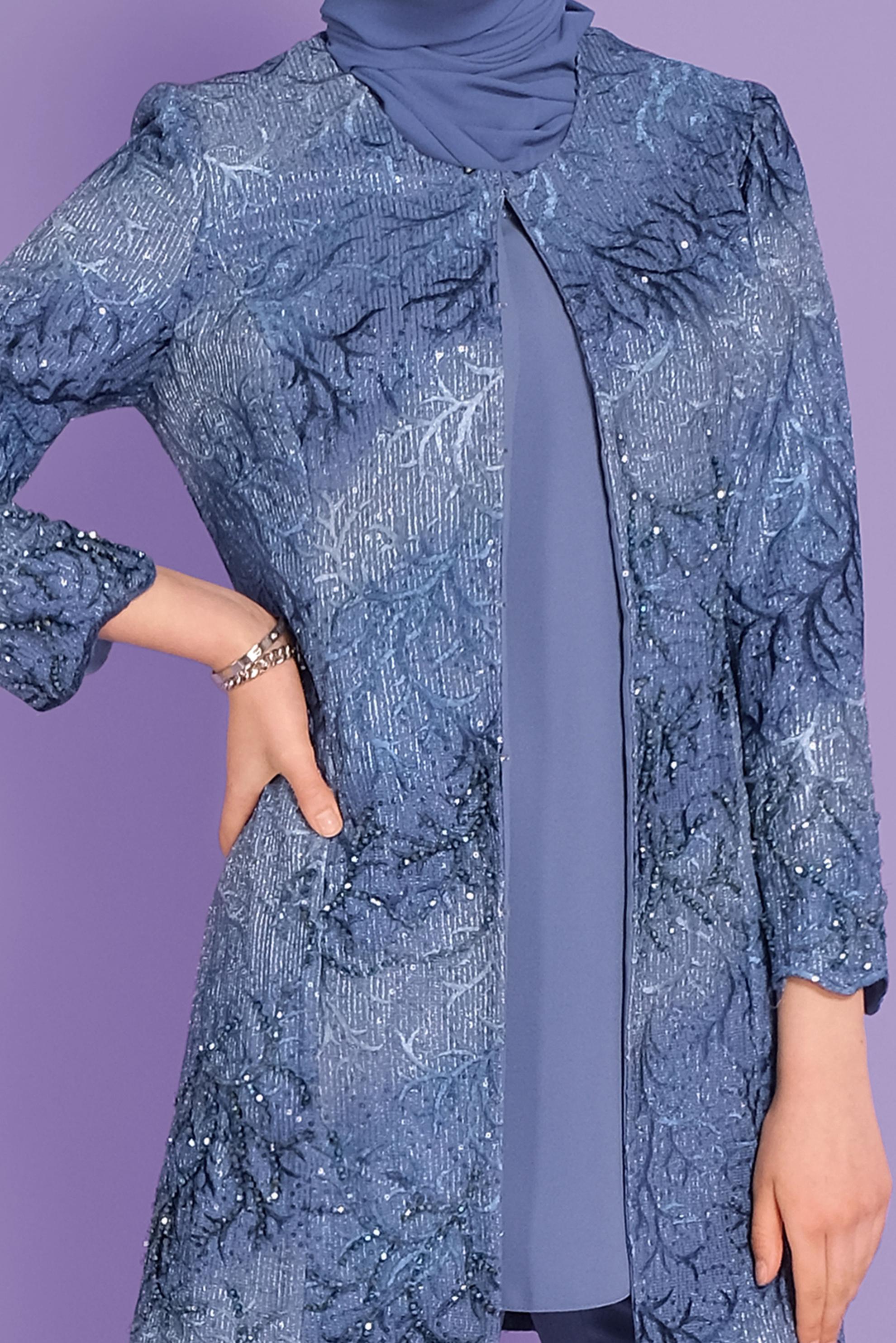 Tesettür giyim LACİVERT NAKIŞLI PULPAYET ÜÇLÜ PANTOLONLU TAKIM  30117 