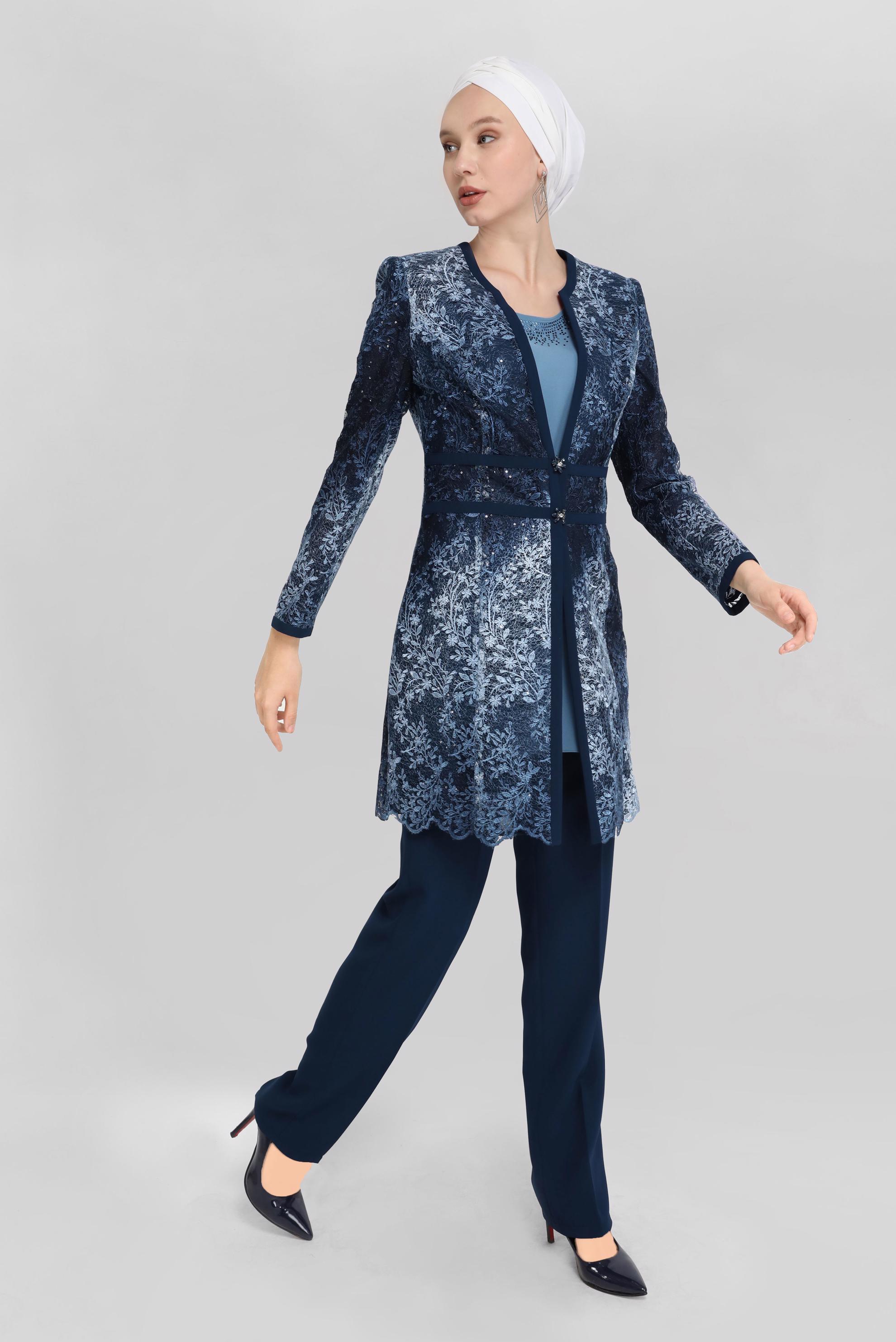 Tesettür giyim LACİVERT DESENLİ ÜÇLÜ PANT. TAKIM 30119 