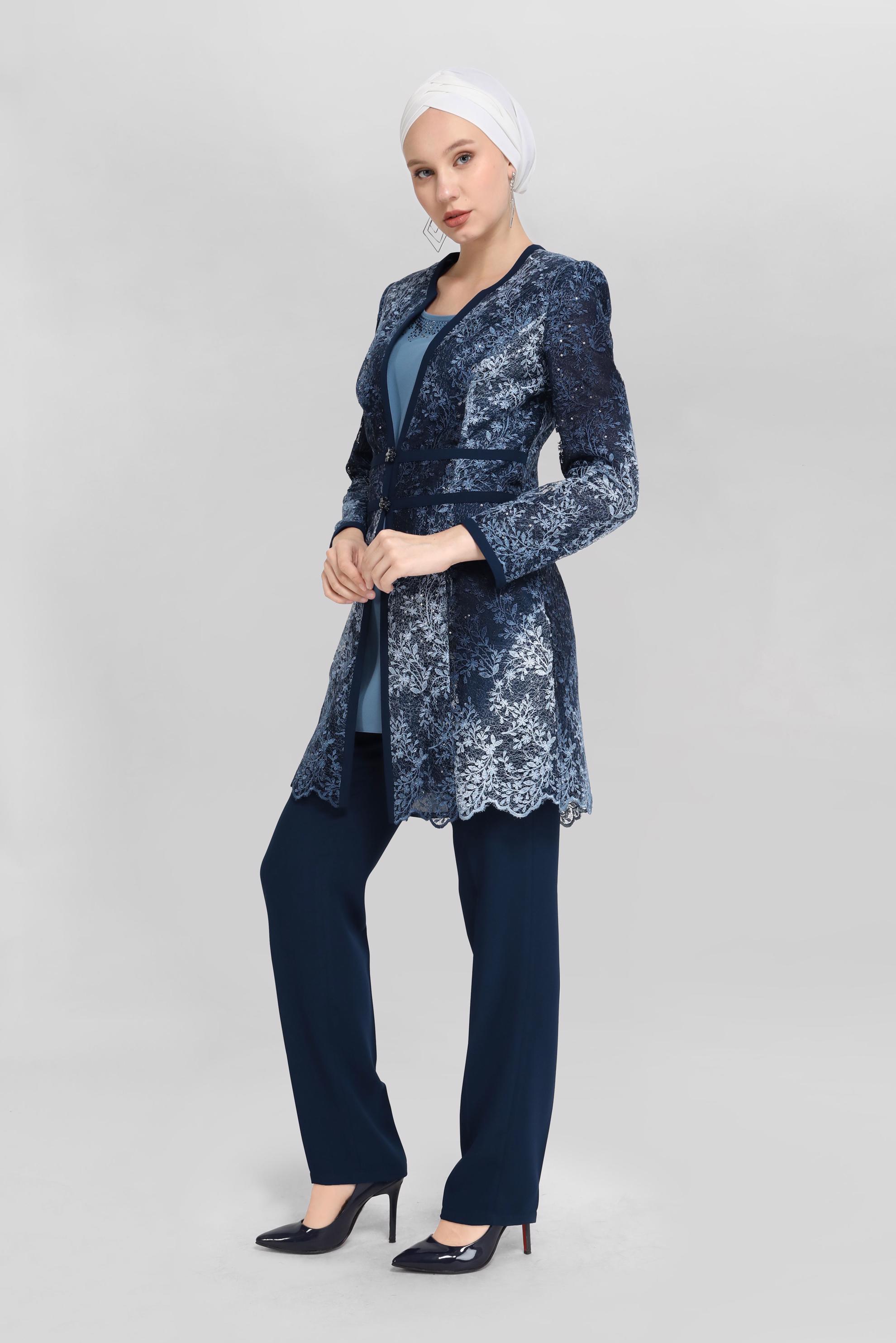 Tesettür giyim LACİVERT DESENLİ ÜÇLÜ PANT. TAKIM 30119 