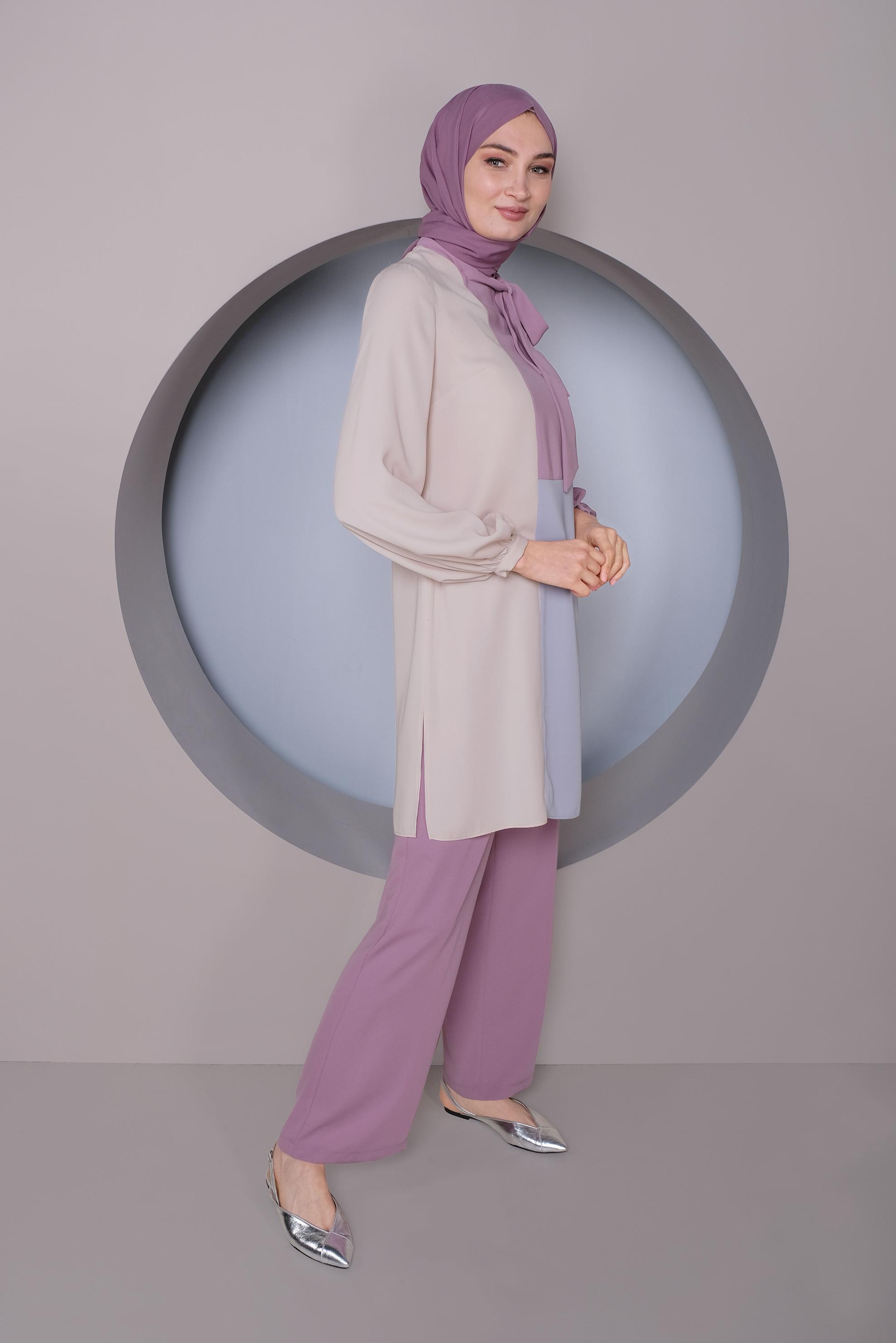 Tesettür giyim MOR 3 RENKLİ İKİLİ PANTOLONLU TAKIM 30126 