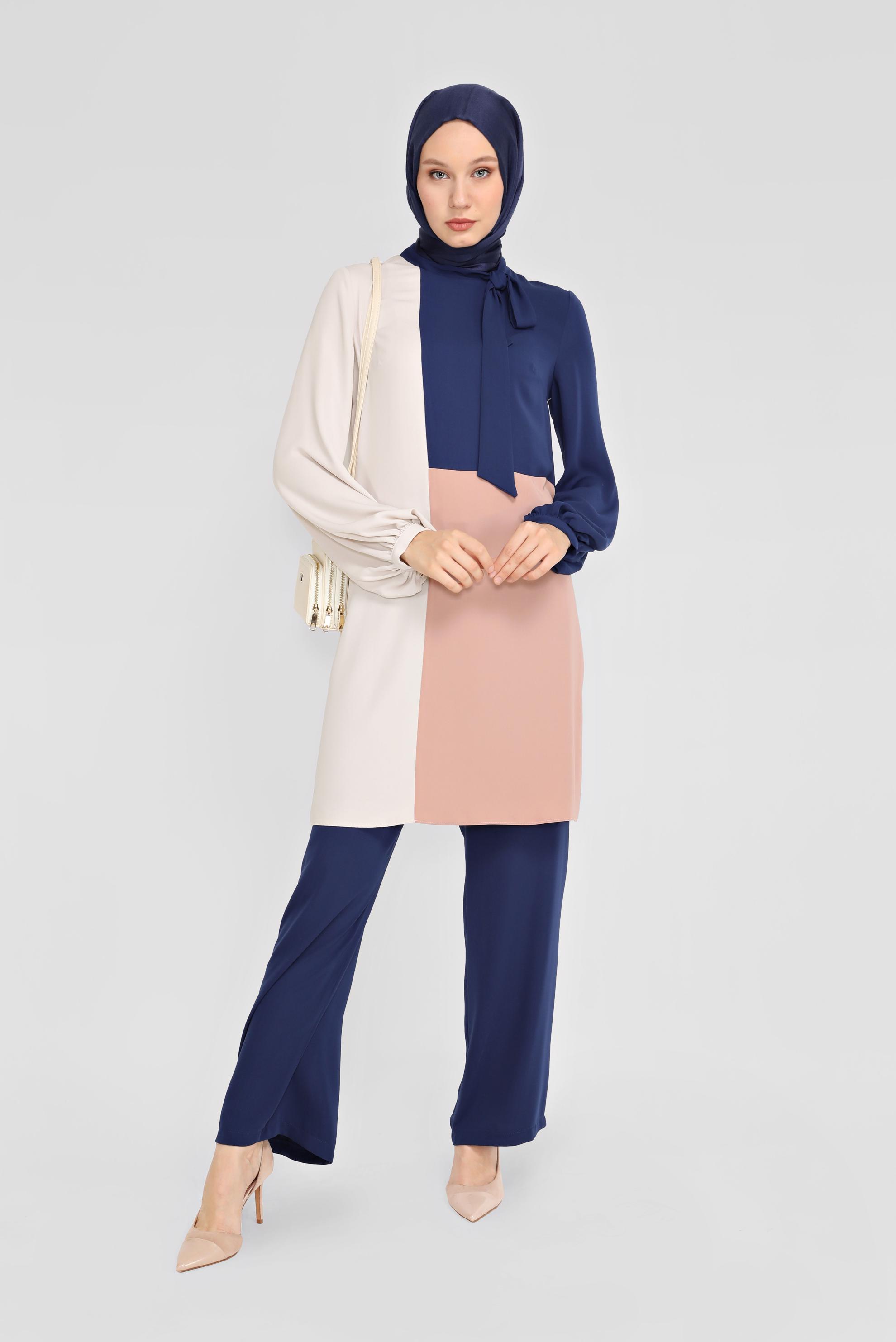 Tesettür giyim LACİVERT 3 RENKLİ İKİLİ PANTOLONLU TAKIM 30126 