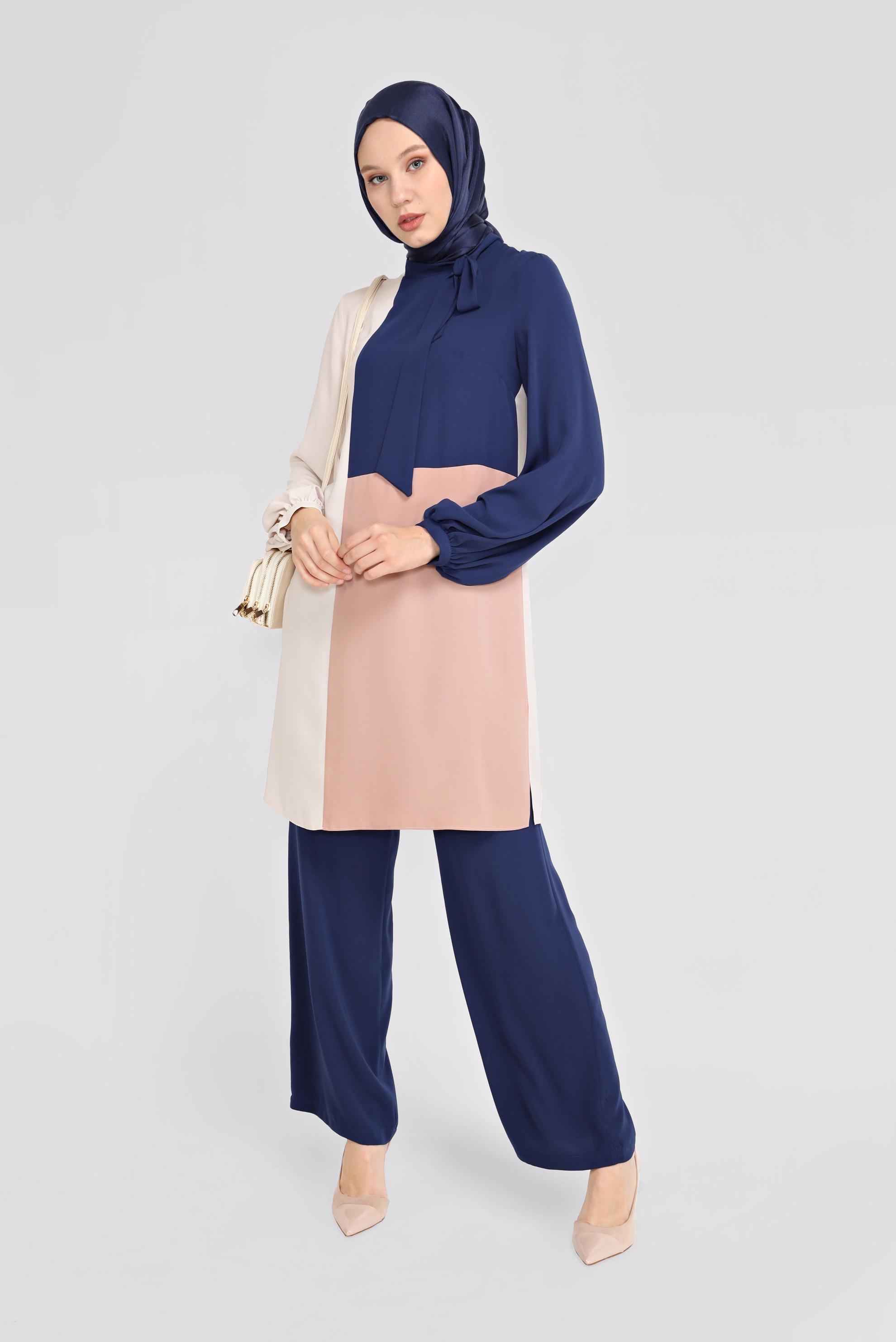 Tesettür giyim LACİVERT 3 RENKLİ İKİLİ PANTOLONLU TAKIM 30126 