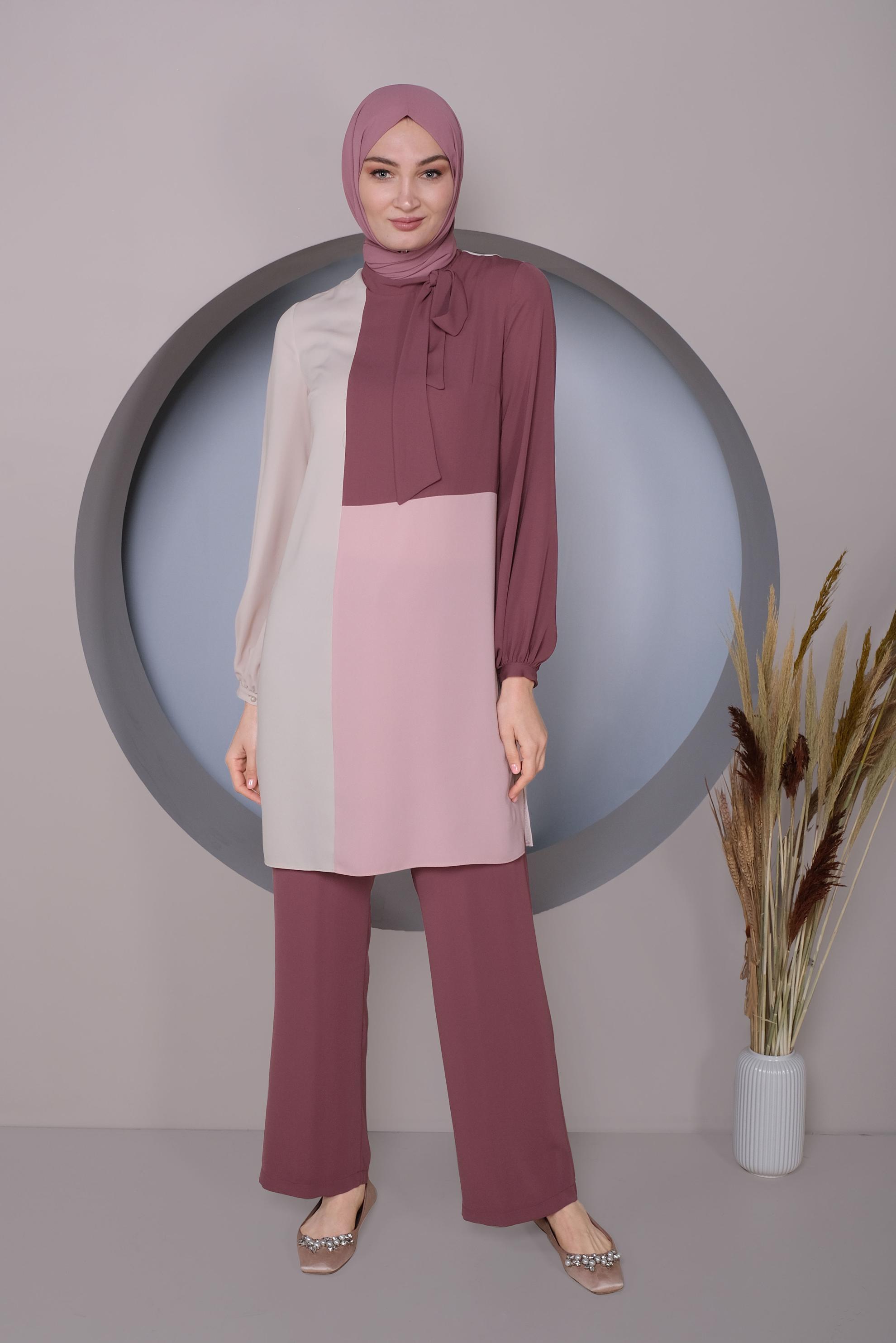 Tesettür giyim PEMBE 3 RENKLİ İKİLİ PANTOLONLU TAKIM 30126 