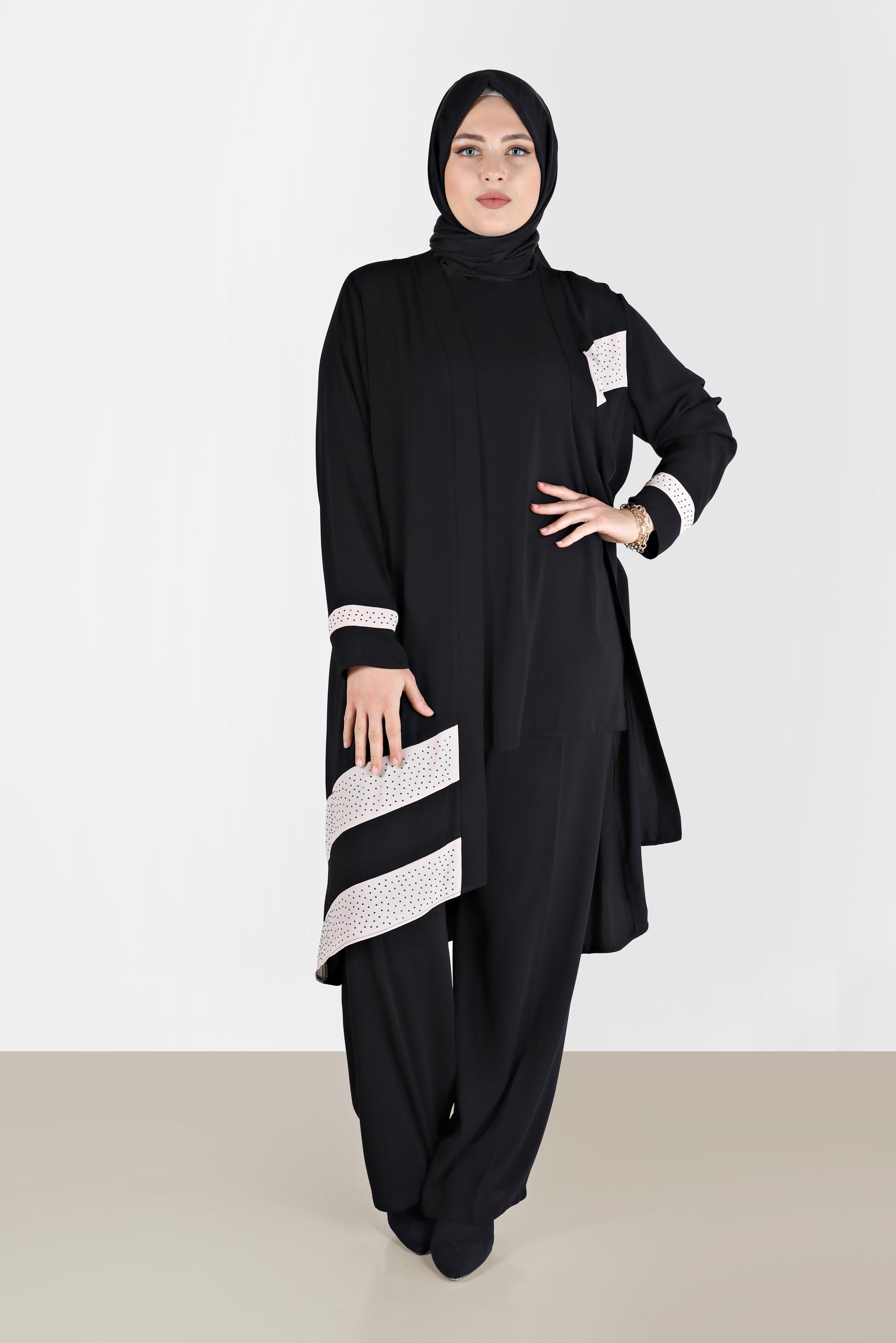 Tesettür giyim SİYAH TAŞLI ŞERİT DETAYLI ÜÇLÜ PANT. TAKIM 30127 