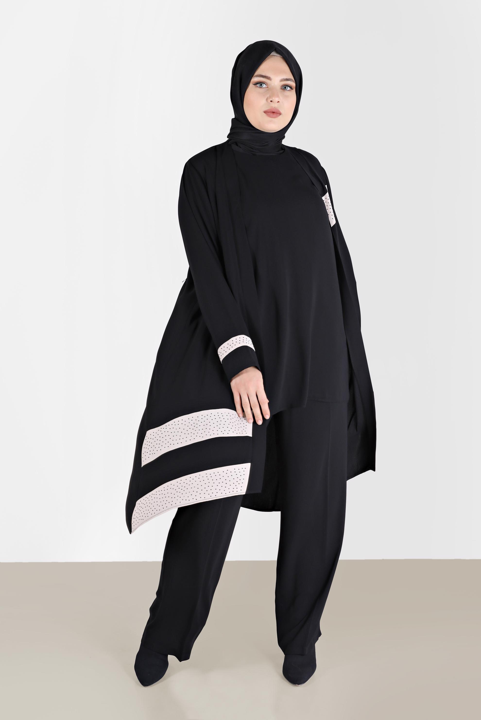 Tesettür giyim SİYAH TAŞLI ŞERİT DETAYLI ÜÇLÜ PANT. TAKIM 30127 