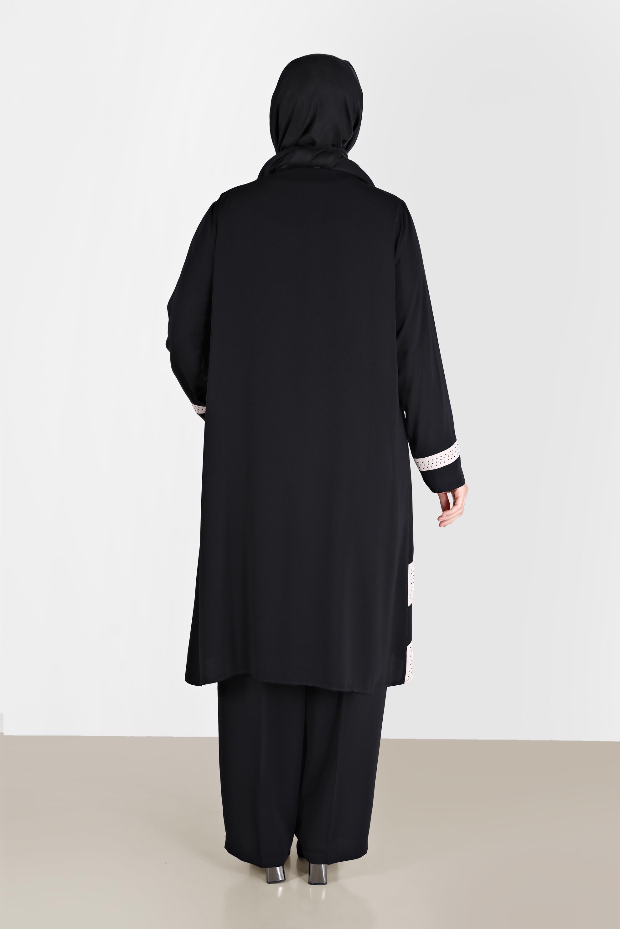 Tesettür giyim SİYAH TAŞLI ŞERİT DETAYLI ÜÇLÜ PANT. TAKIM 30127 