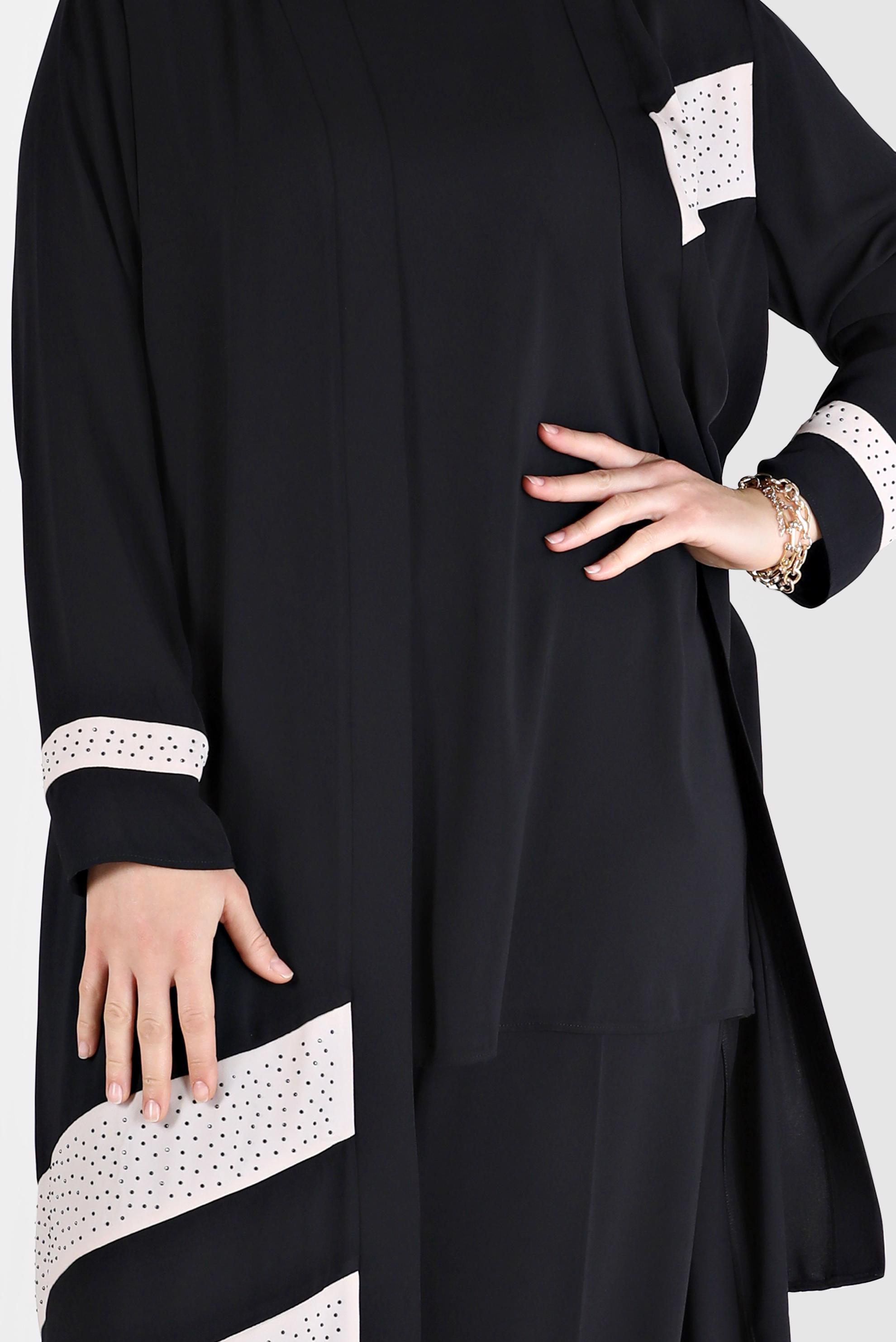 Tesettür giyim SİYAH TAŞLI ŞERİT DETAYLI ÜÇLÜ PANT. TAKIM 30127 