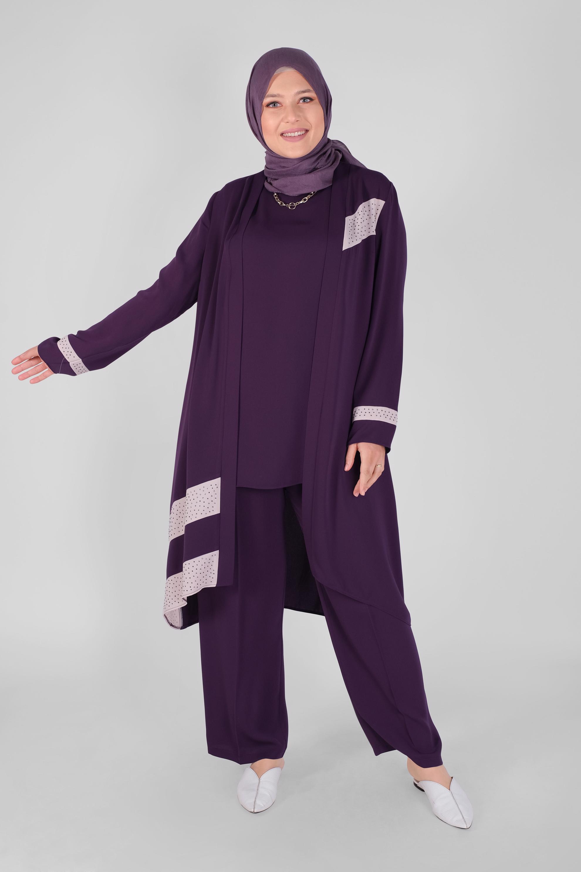 Tesettür giyim MOR TAŞLI ŞERİT DETAYLI ÜÇLÜ PANT. TAKIM 30127 