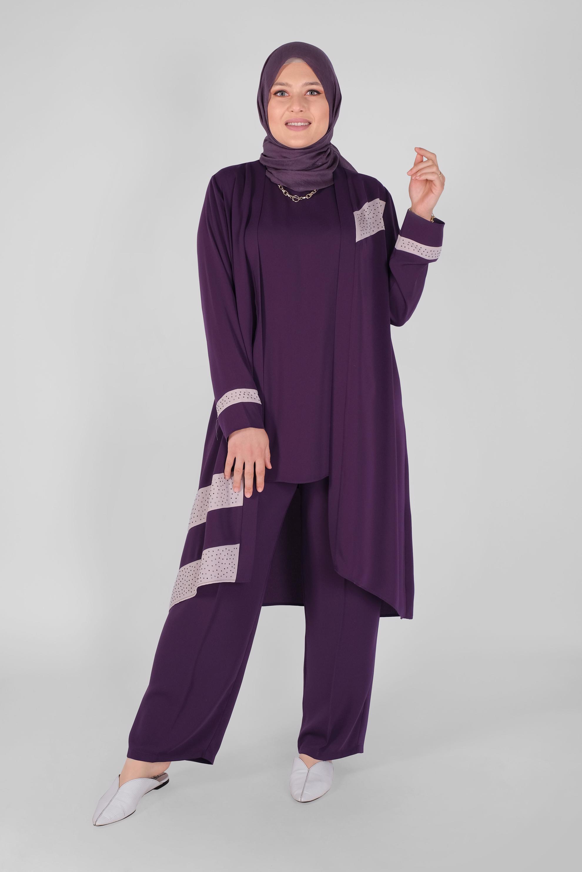 Tesettür giyim MOR TAŞLI ŞERİT DETAYLI ÜÇLÜ PANT. TAKIM 30127 