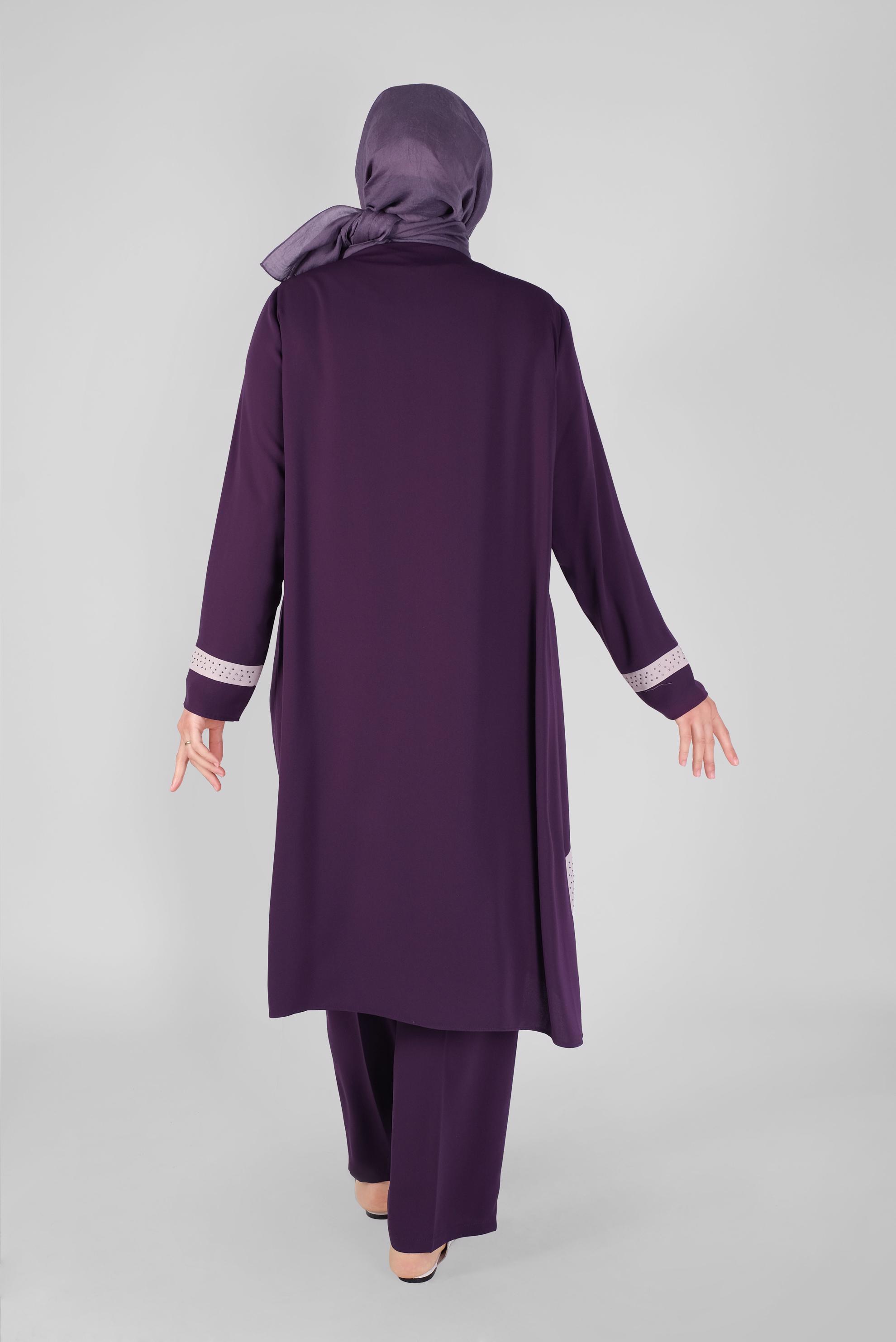 Tesettür giyim MOR TAŞLI ŞERİT DETAYLI ÜÇLÜ PANT. TAKIM 30127 