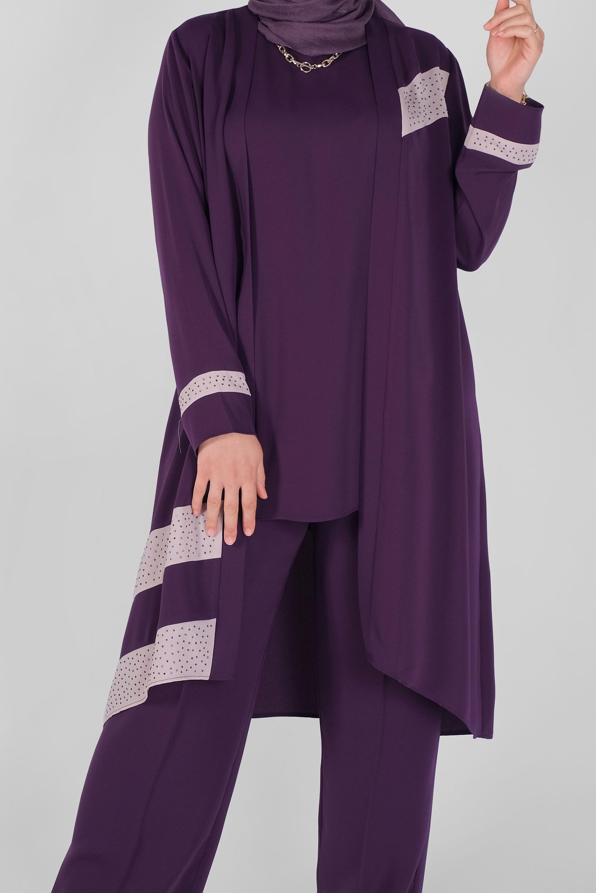 Tesettür giyim MOR TAŞLI ŞERİT DETAYLI ÜÇLÜ PANT. TAKIM 30127 