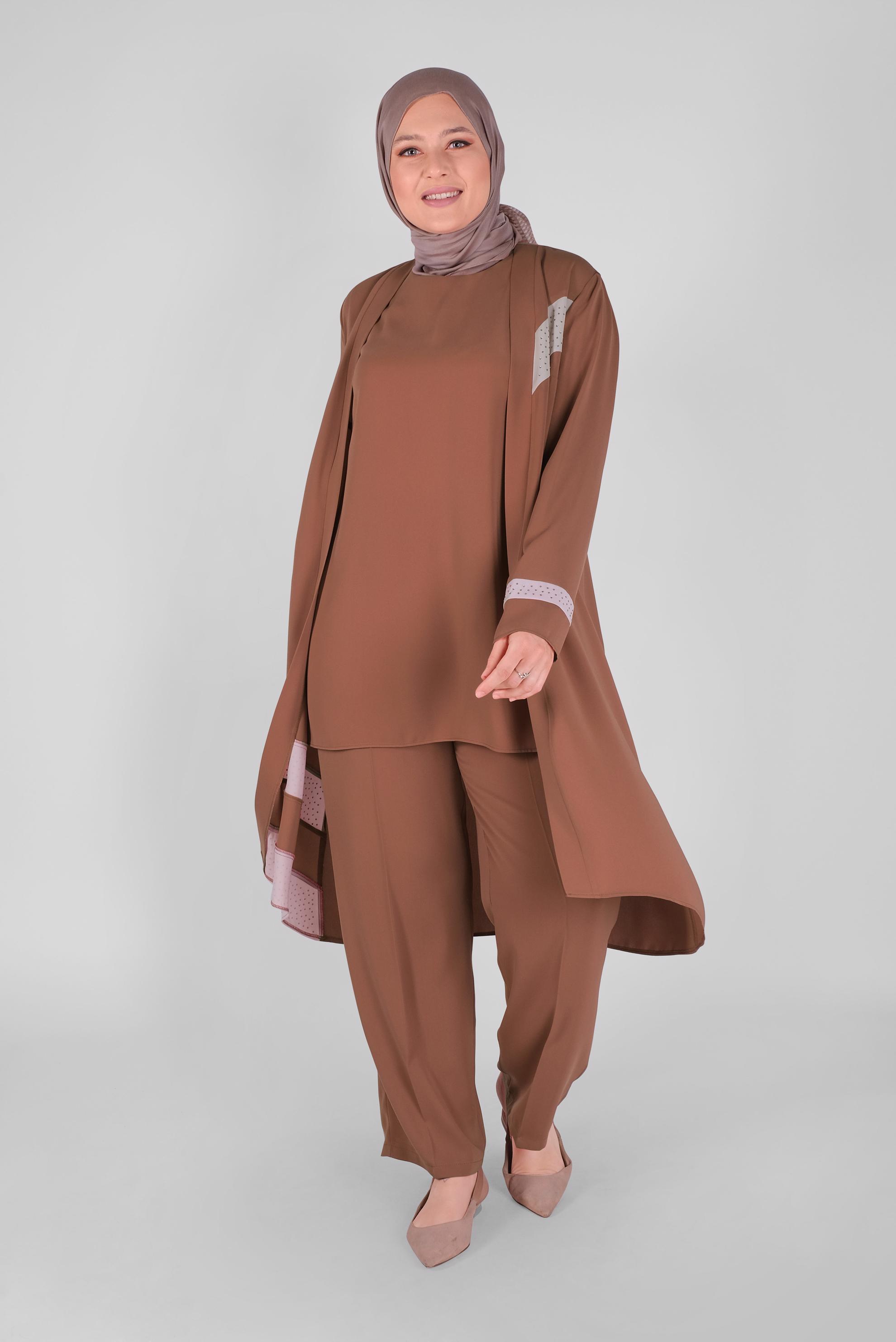 Tesettür giyim KAHVE TAŞLI ŞERİT DETAYLI ÜÇLÜ PANT. TAKIM 30127 