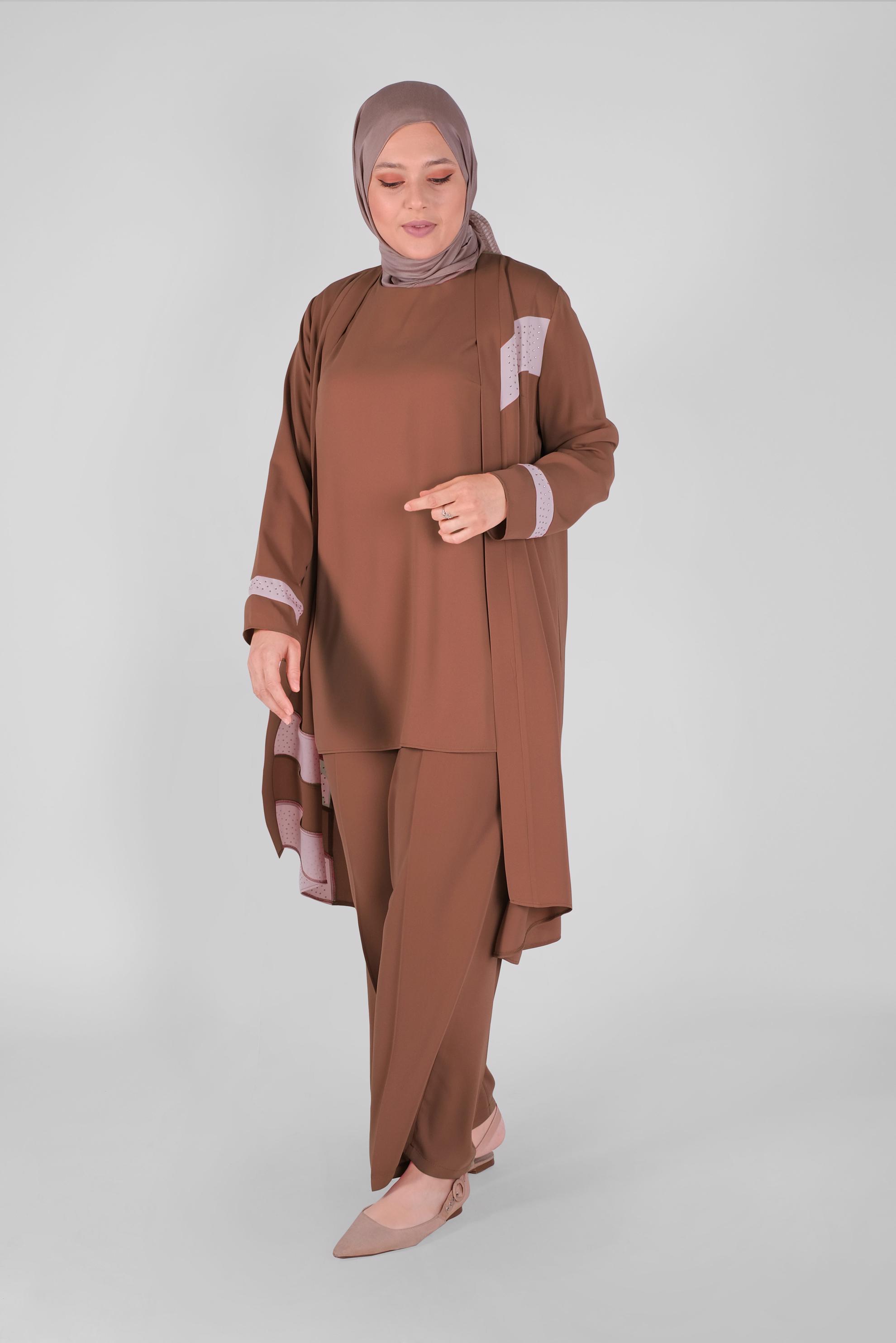 Tesettür giyim KAHVE TAŞLI ŞERİT DETAYLI ÜÇLÜ PANT. TAKIM 30127 
