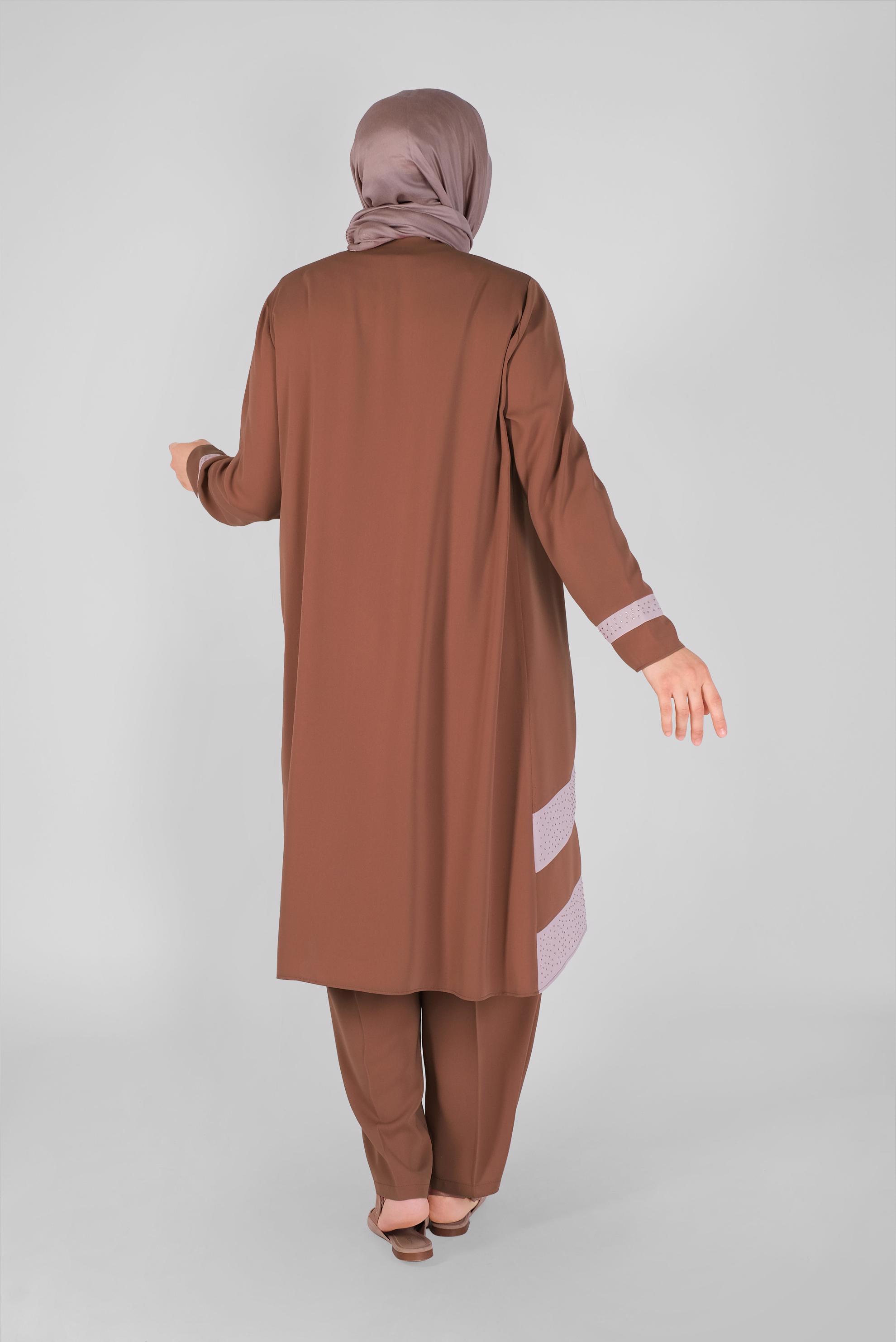 Tesettür giyim KAHVE TAŞLI ŞERİT DETAYLI ÜÇLÜ PANT. TAKIM 30127 