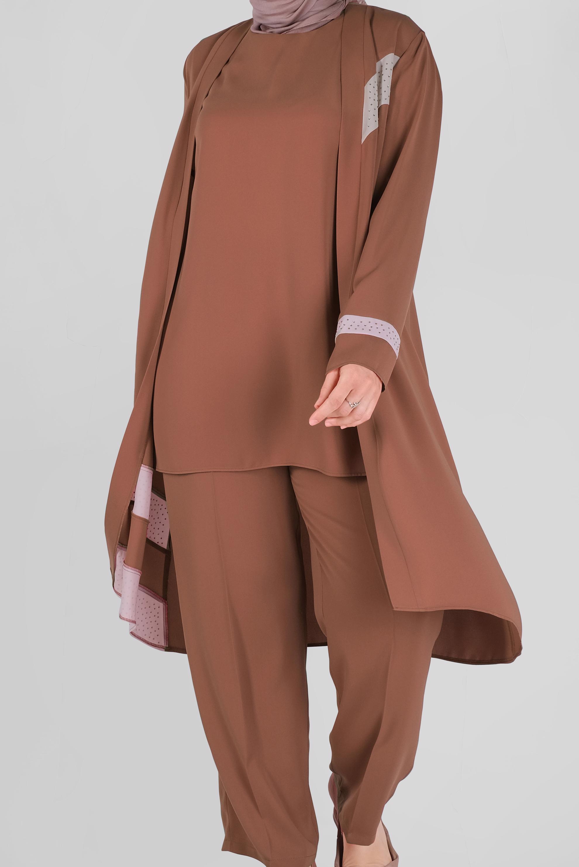 Tesettür giyim KAHVE TAŞLI ŞERİT DETAYLI ÜÇLÜ PANT. TAKIM 30127 