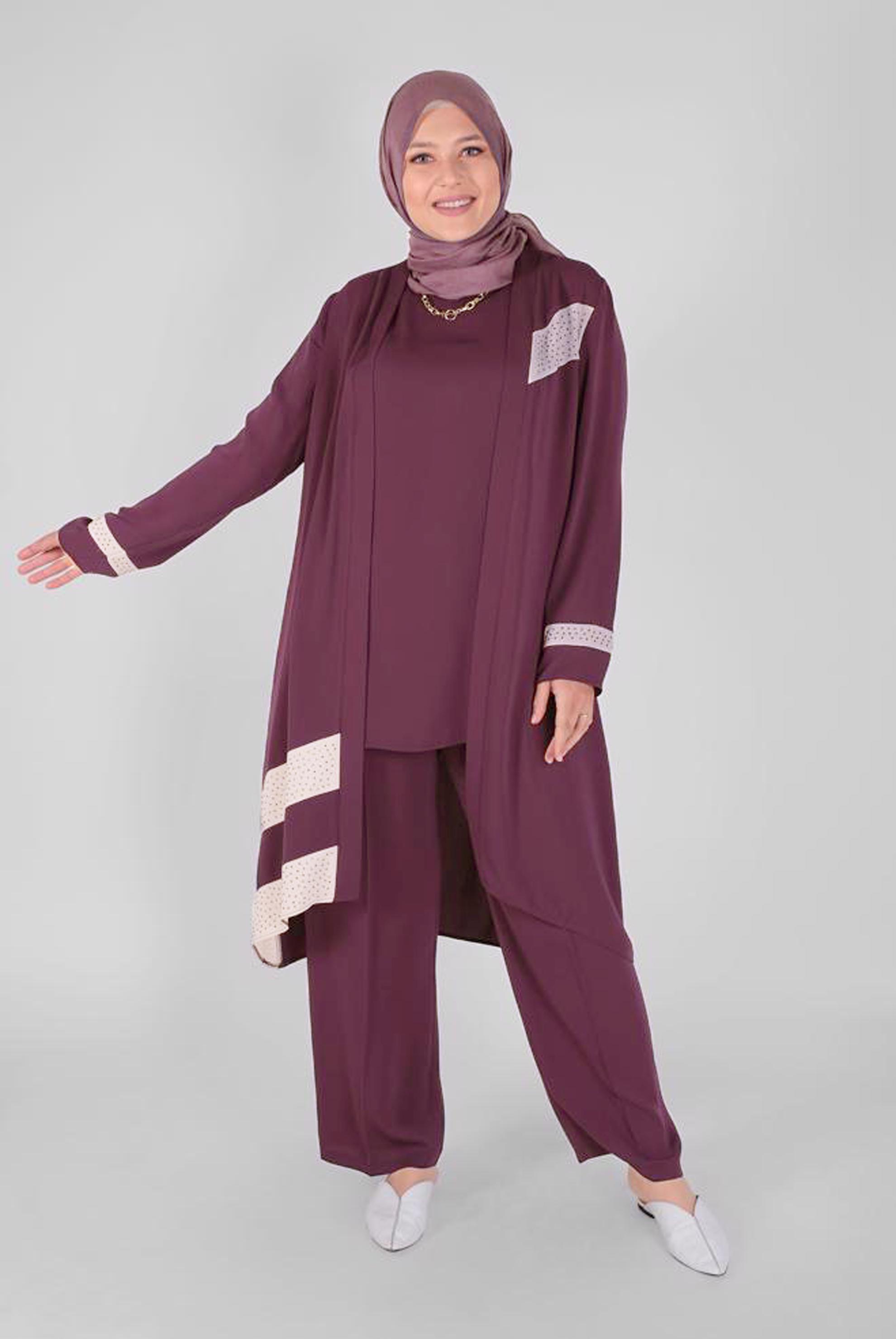 Tesettür giyim PEMBE TAŞLI ŞERİT DETAYLI ÜÇLÜ PANT. TAKIM 30127 