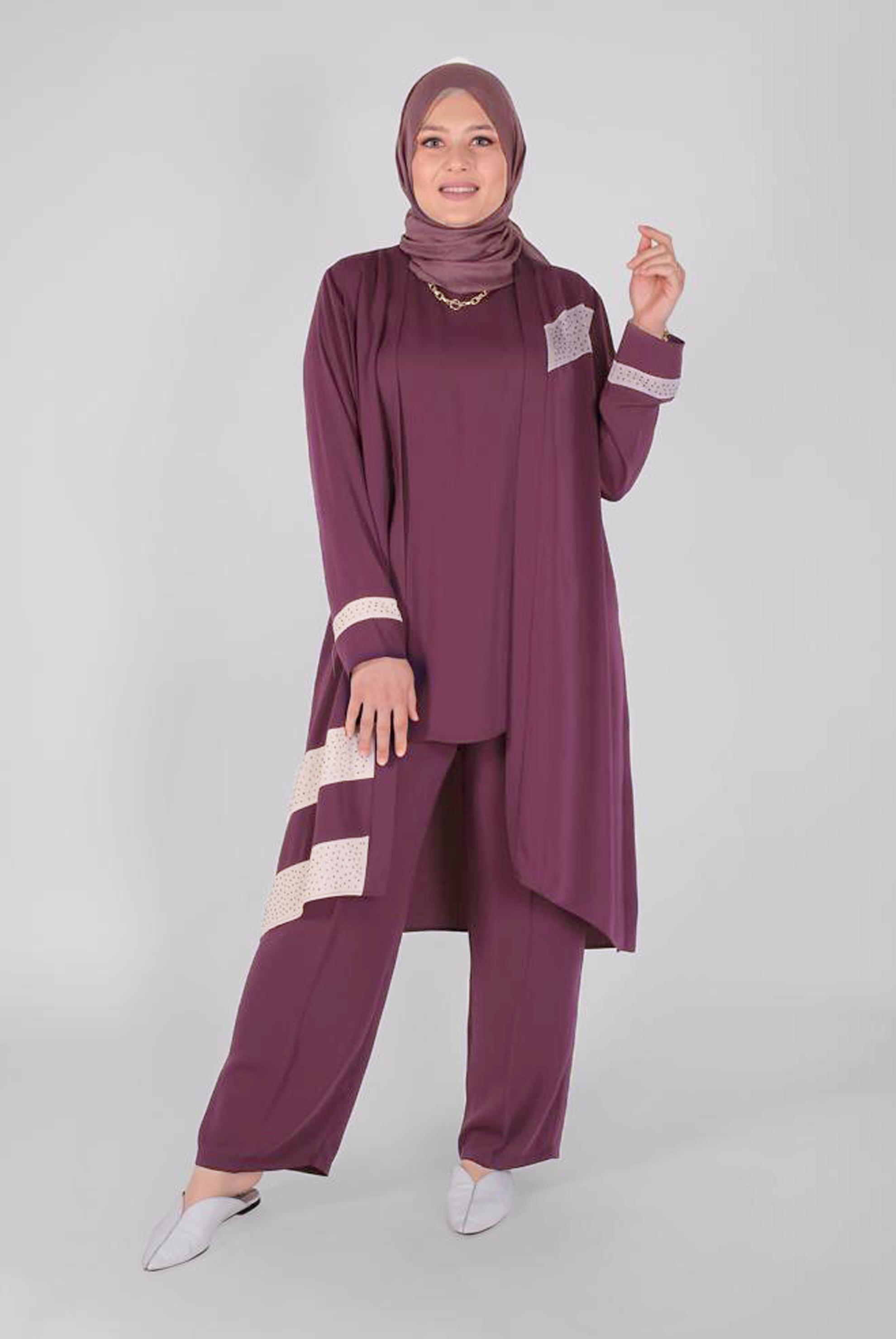 Tesettür giyim PEMBE TAŞLI ŞERİT DETAYLI ÜÇLÜ PANT. TAKIM 30127 