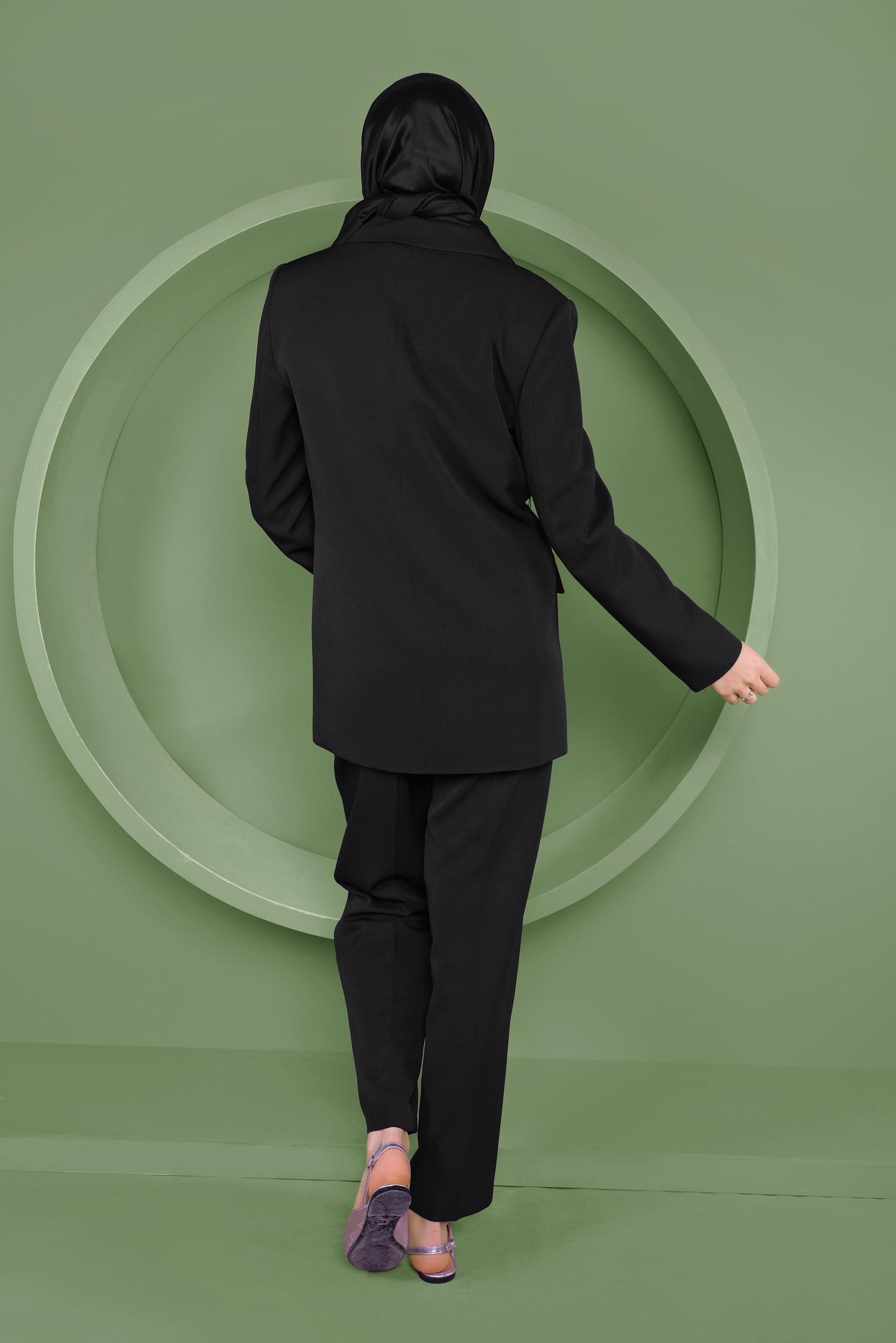 Tesettür giyim SİYAH KRUVAZE YAKA KLASİK ÜÇLÜ PANTOLONLU TAKIM 30128