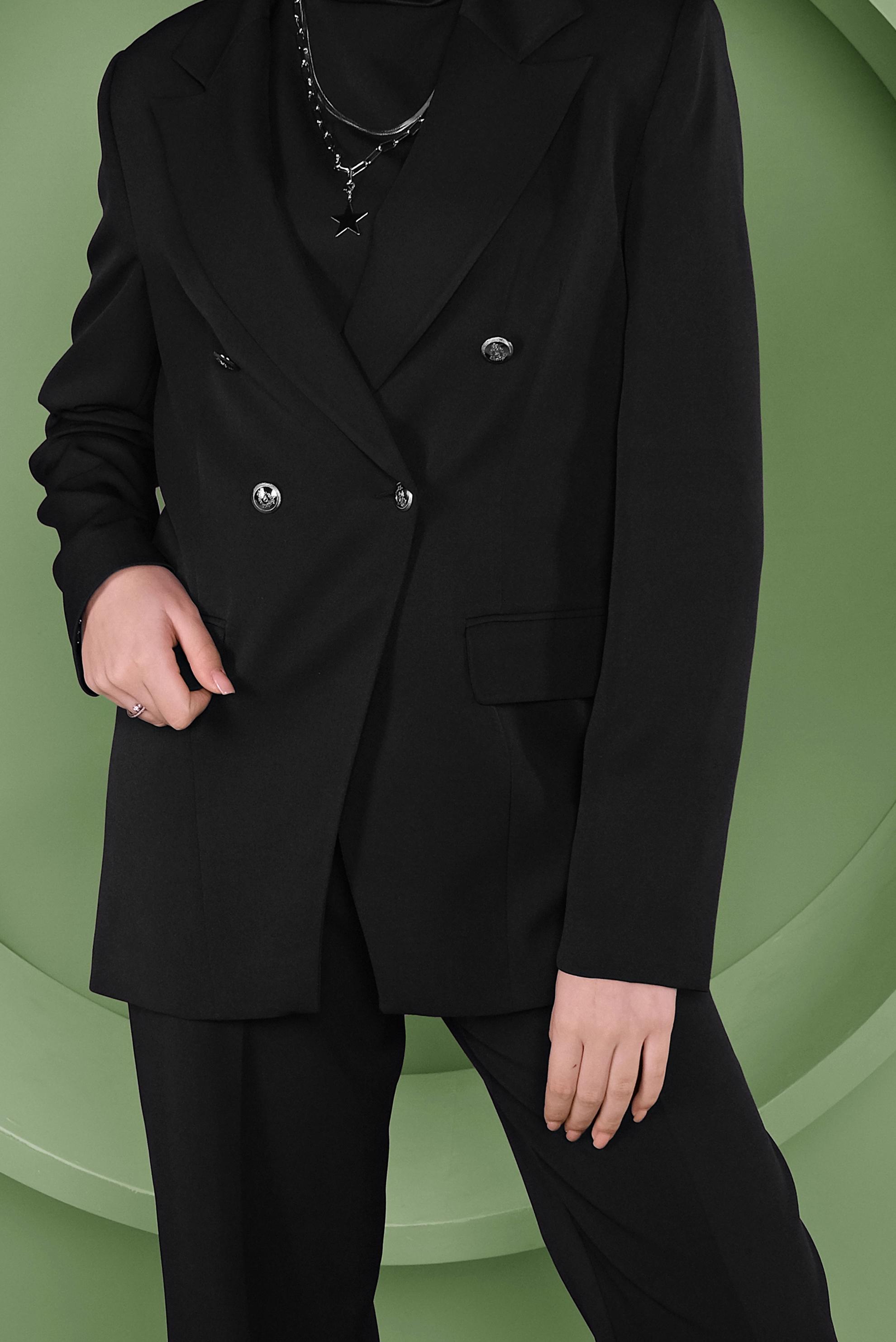 Tesettür giyim SİYAH KRUVAZE YAKA KLASİK ÜÇLÜ PANTOLONLU TAKIM 30128
