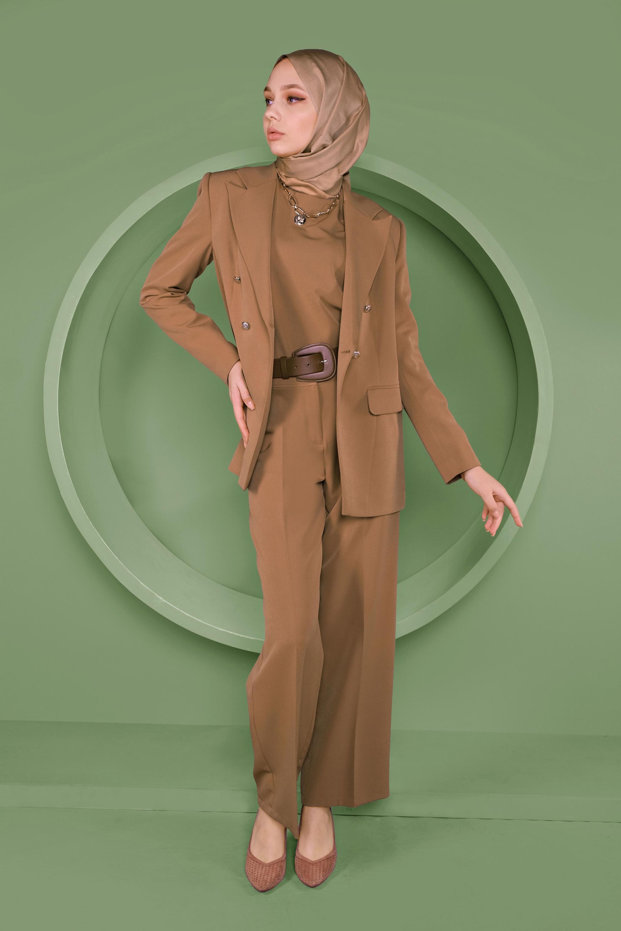 Tesettür giyim SARI KRUVAZE YAKA KLASİK ÜÇLÜ PANTOLONLU TAKIM 30128