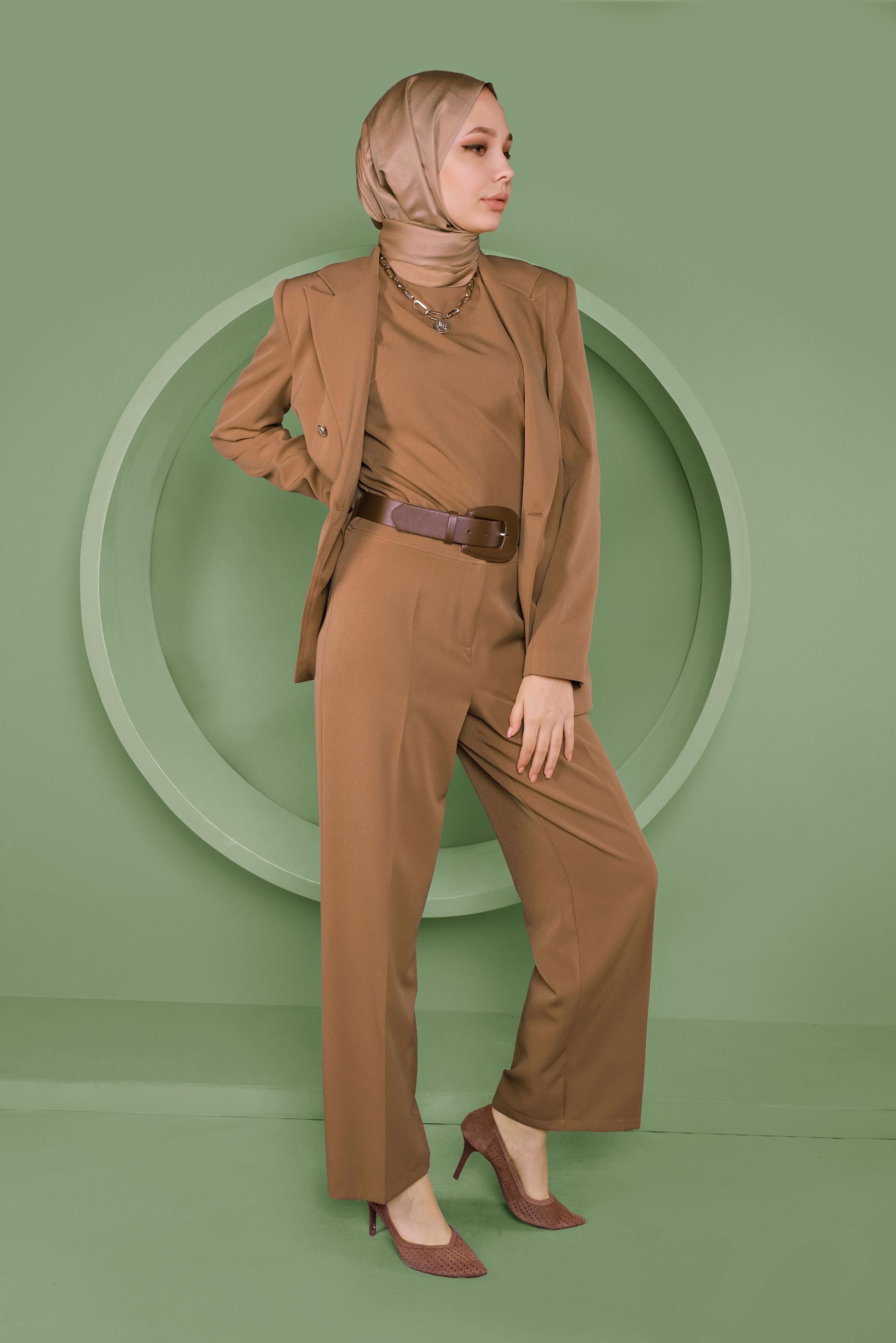 Tesettür giyim SARI KRUVAZE YAKA KLASİK ÜÇLÜ PANTOLONLU TAKIM 30128