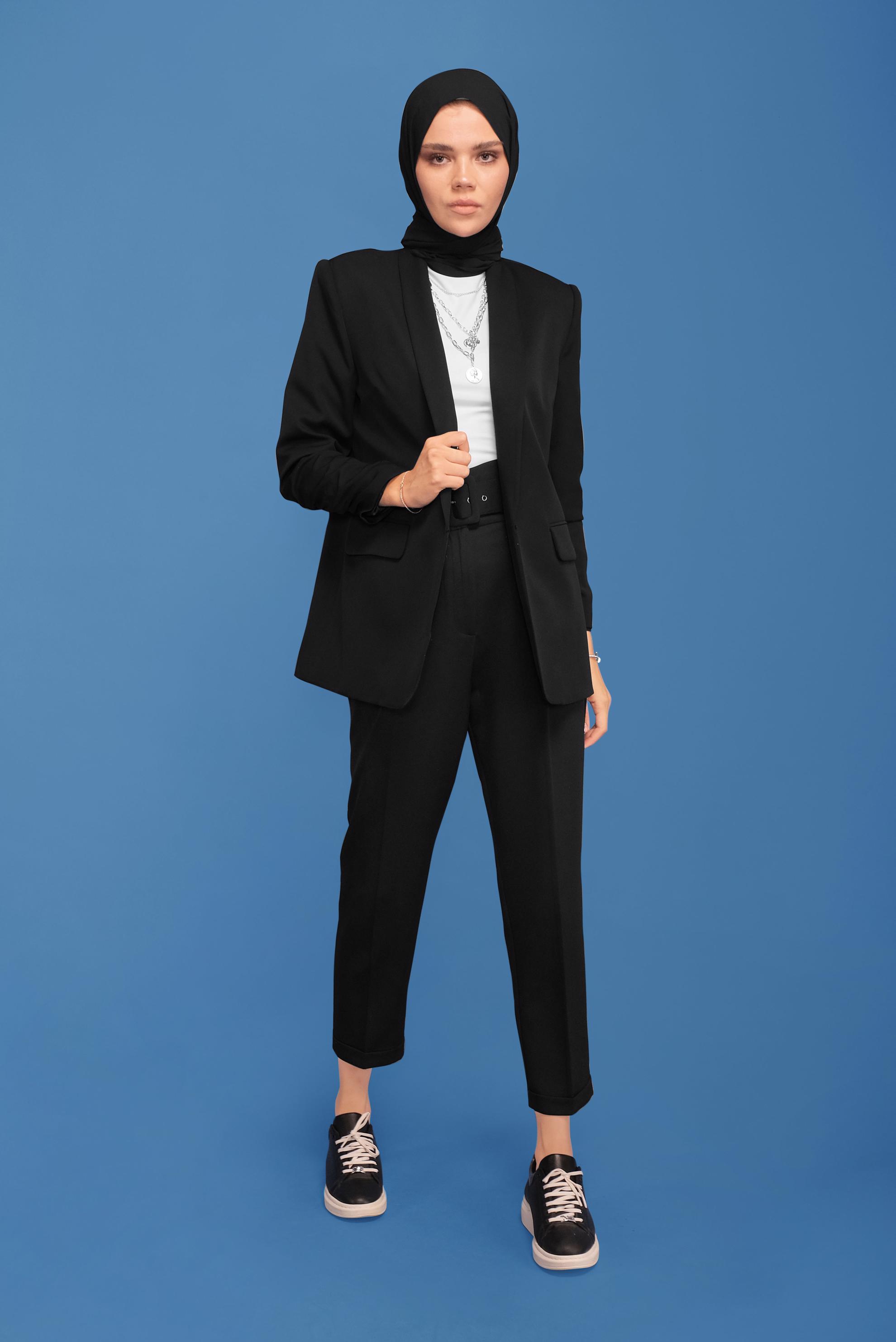 Tesettür giyim SİYAH MANŞETLERİ LASTİKLİ İKİLİ PANTOLONLU TAKIM 30129