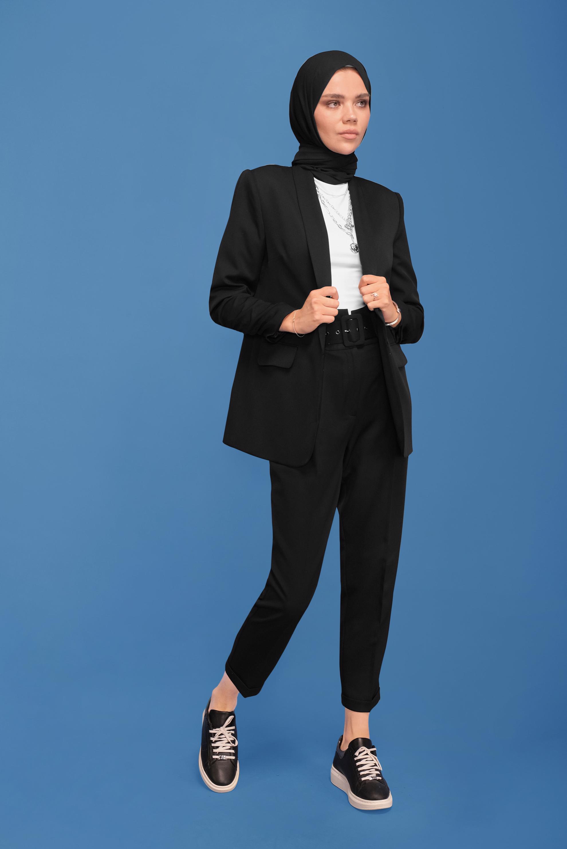 Tesettür giyim SİYAH MANŞETLERİ LASTİKLİ İKİLİ PANTOLONLU TAKIM 30129