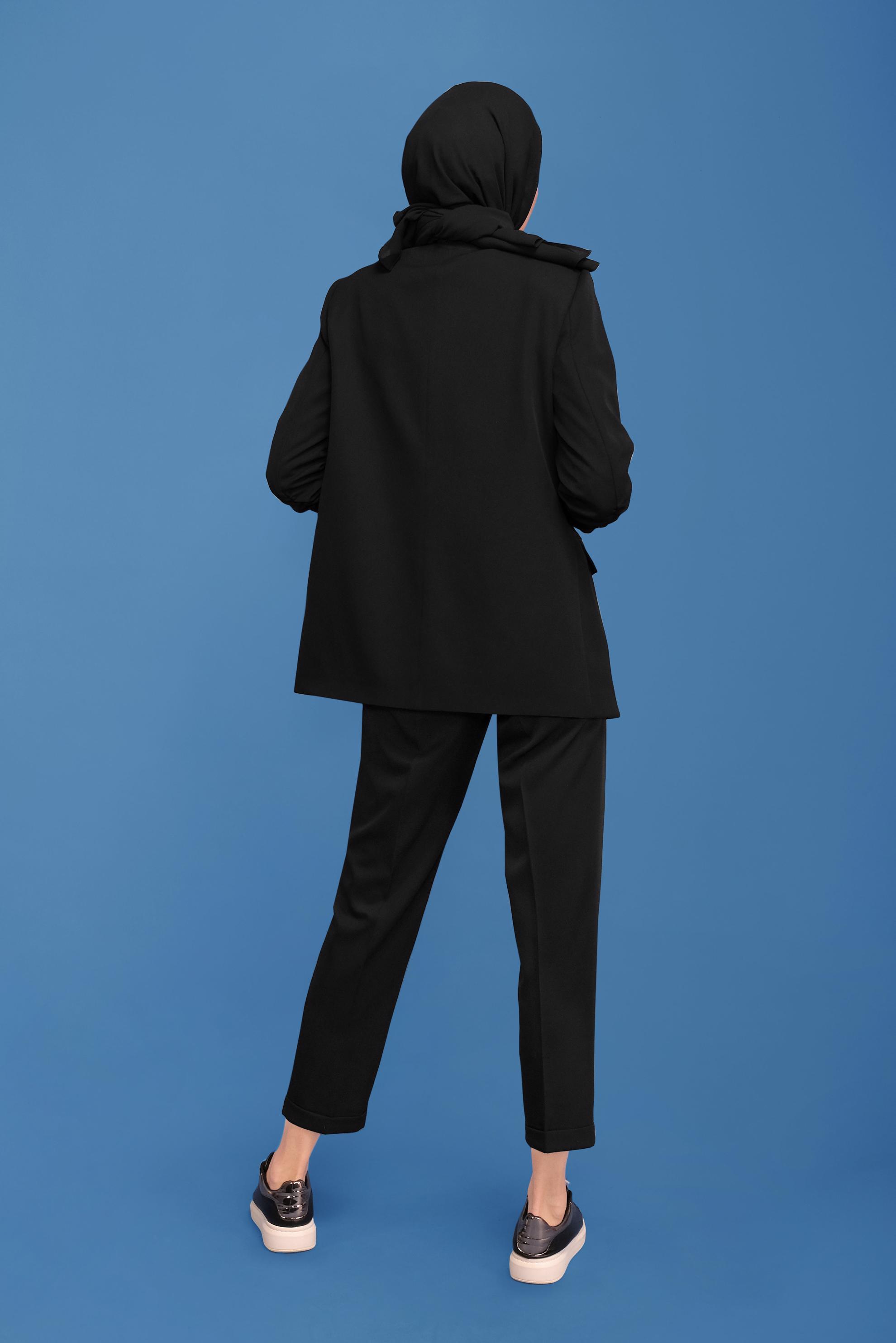 Tesettür giyim SİYAH MANŞETLERİ LASTİKLİ İKİLİ PANTOLONLU TAKIM 30129