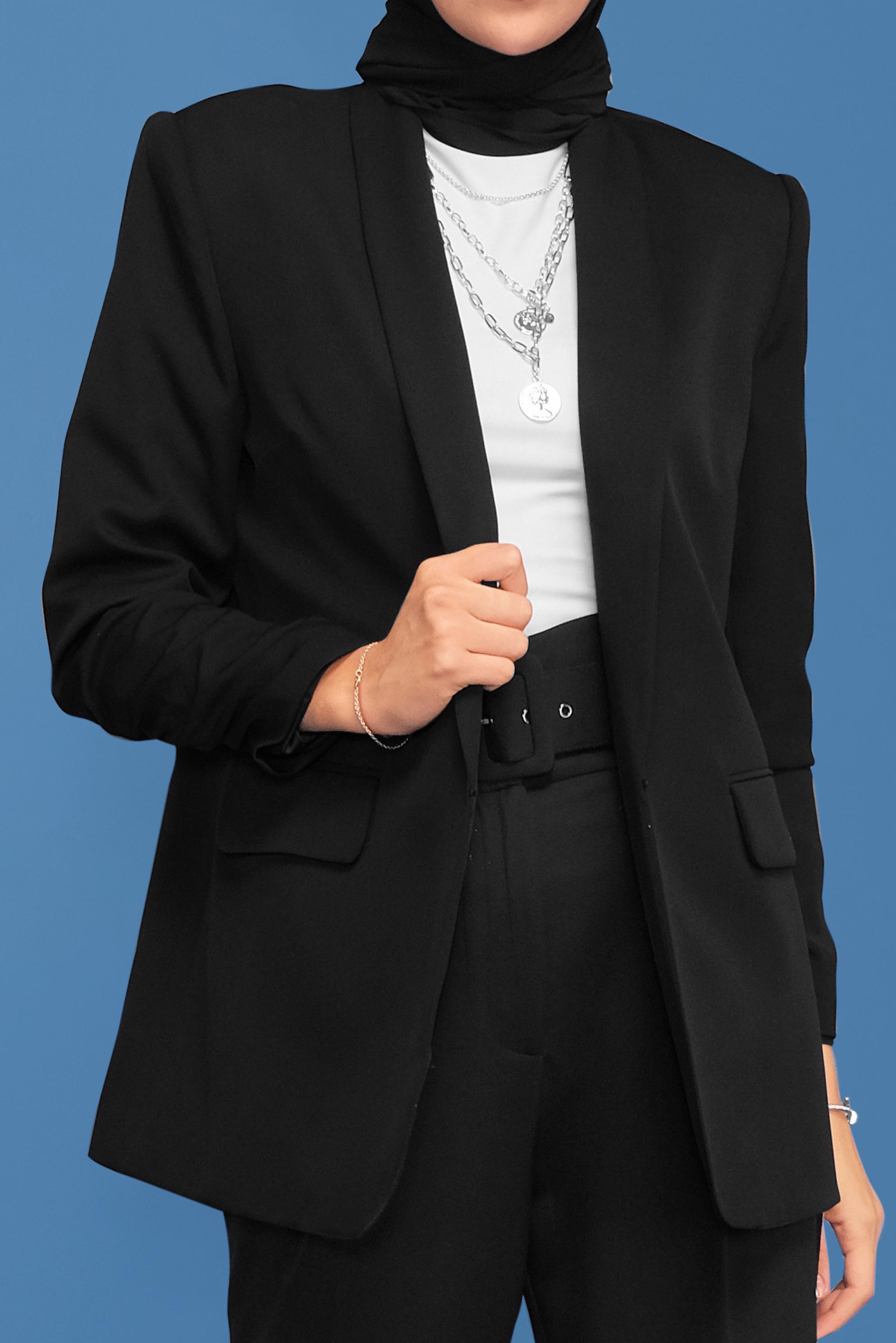 Tesettür giyim SİYAH MANŞETLERİ LASTİKLİ İKİLİ PANTOLONLU TAKIM 30129