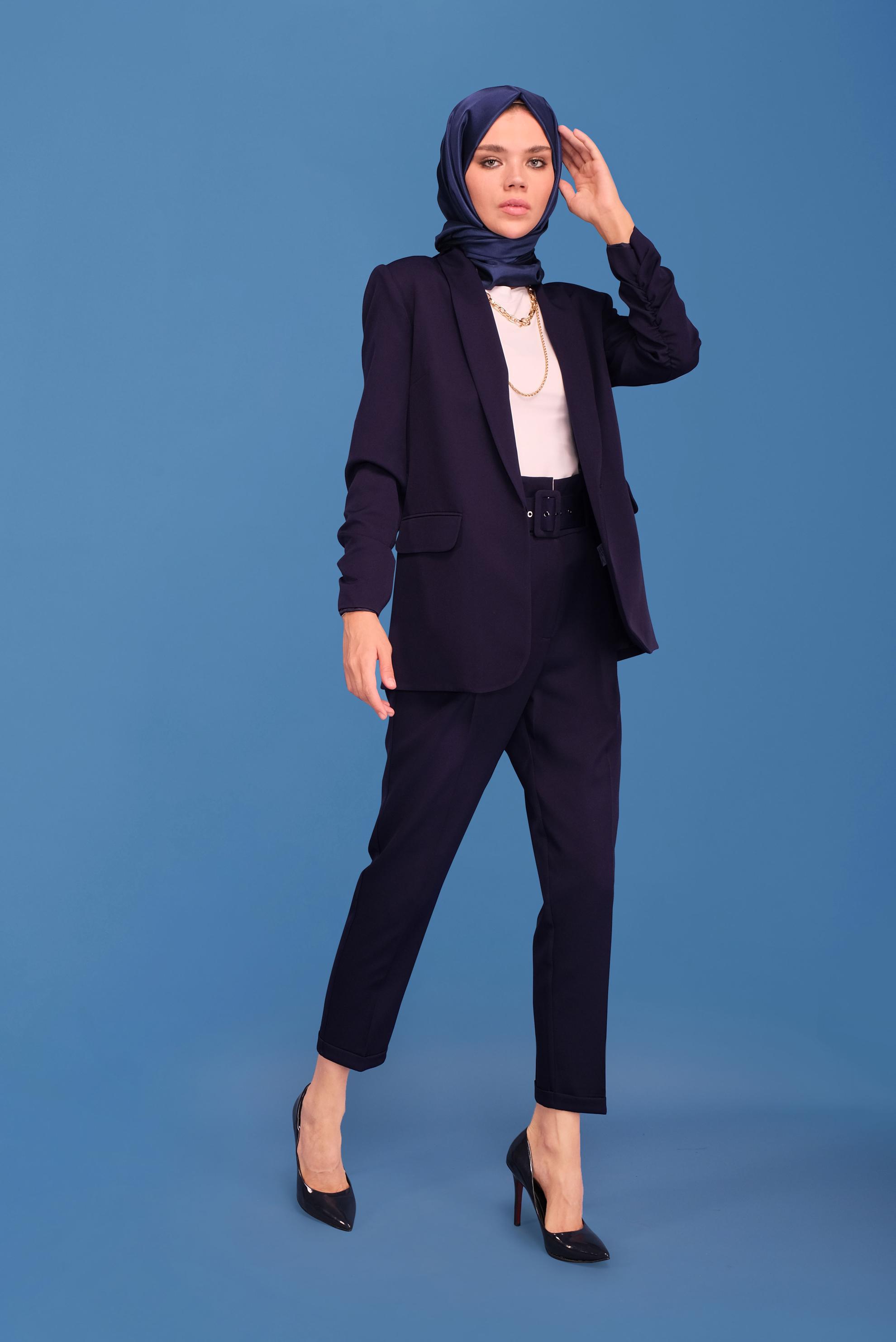 Tesettür giyim LACİVERT MANŞETLERİ LASTİKLİ İKİLİ PANTOLONLU TAKIM 30129